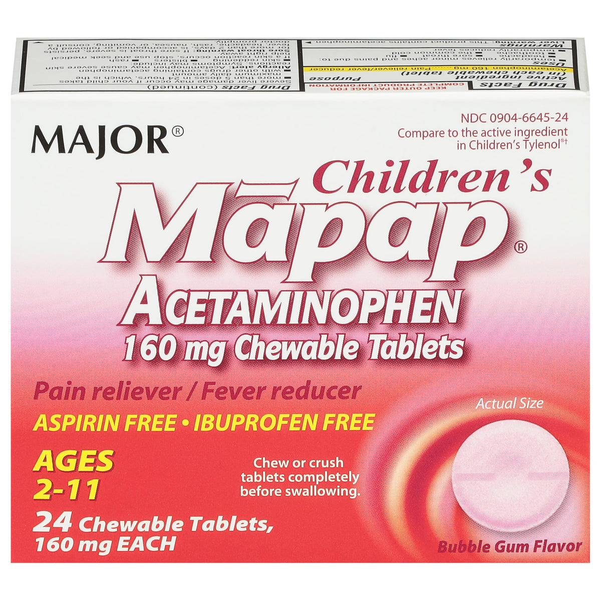 Emballage MAJOR MAPAP tablettes masticables 160 mg pour enfants, facilité administration.