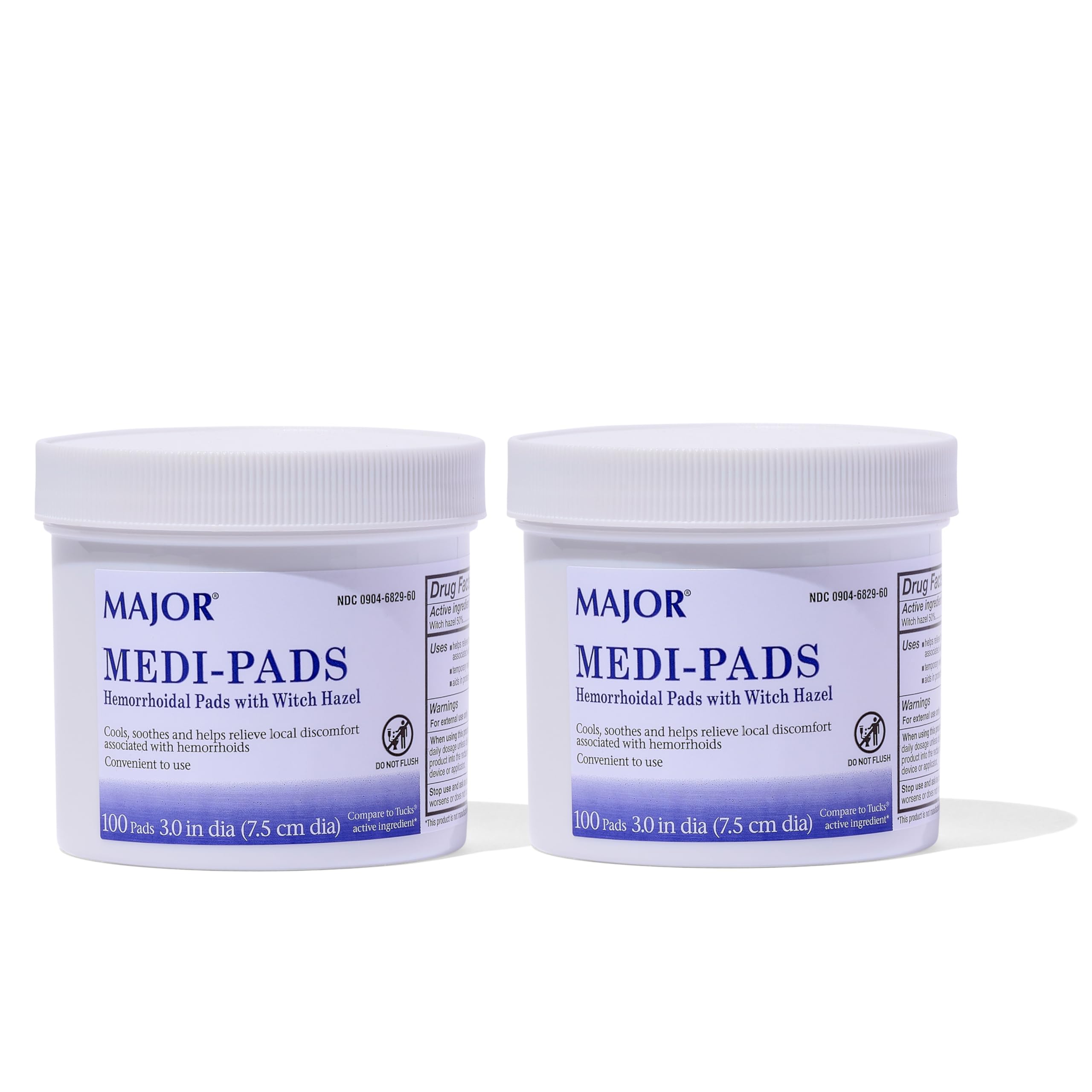 MAJOR Medi-Pads: emballage pot montrant 100 tampons nettoyants hémorroïdaires pratiques.
