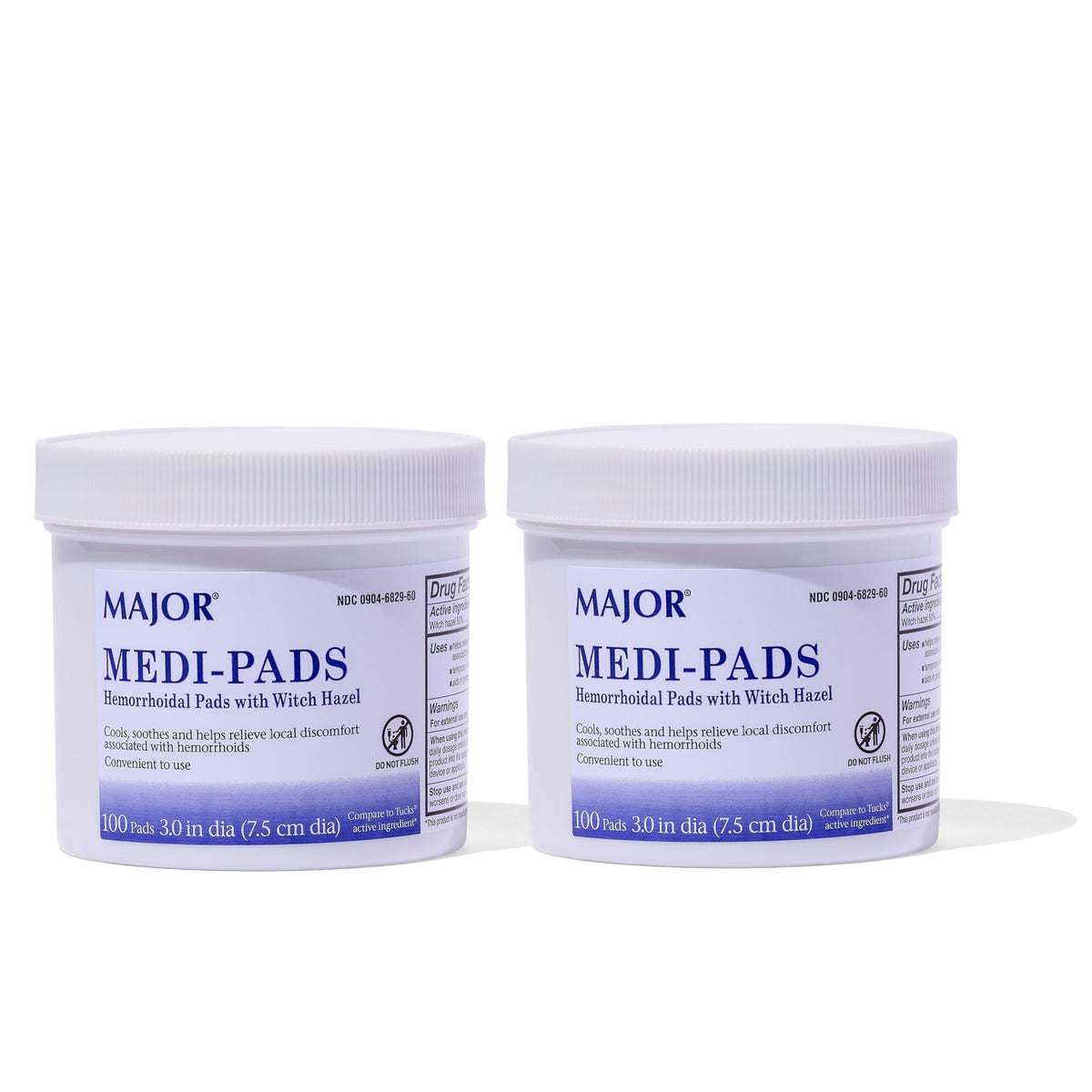 MAJOR Medi-Pads: emballage pot montrant 100 tampons nettoyants hémorroïdaires pratiques.