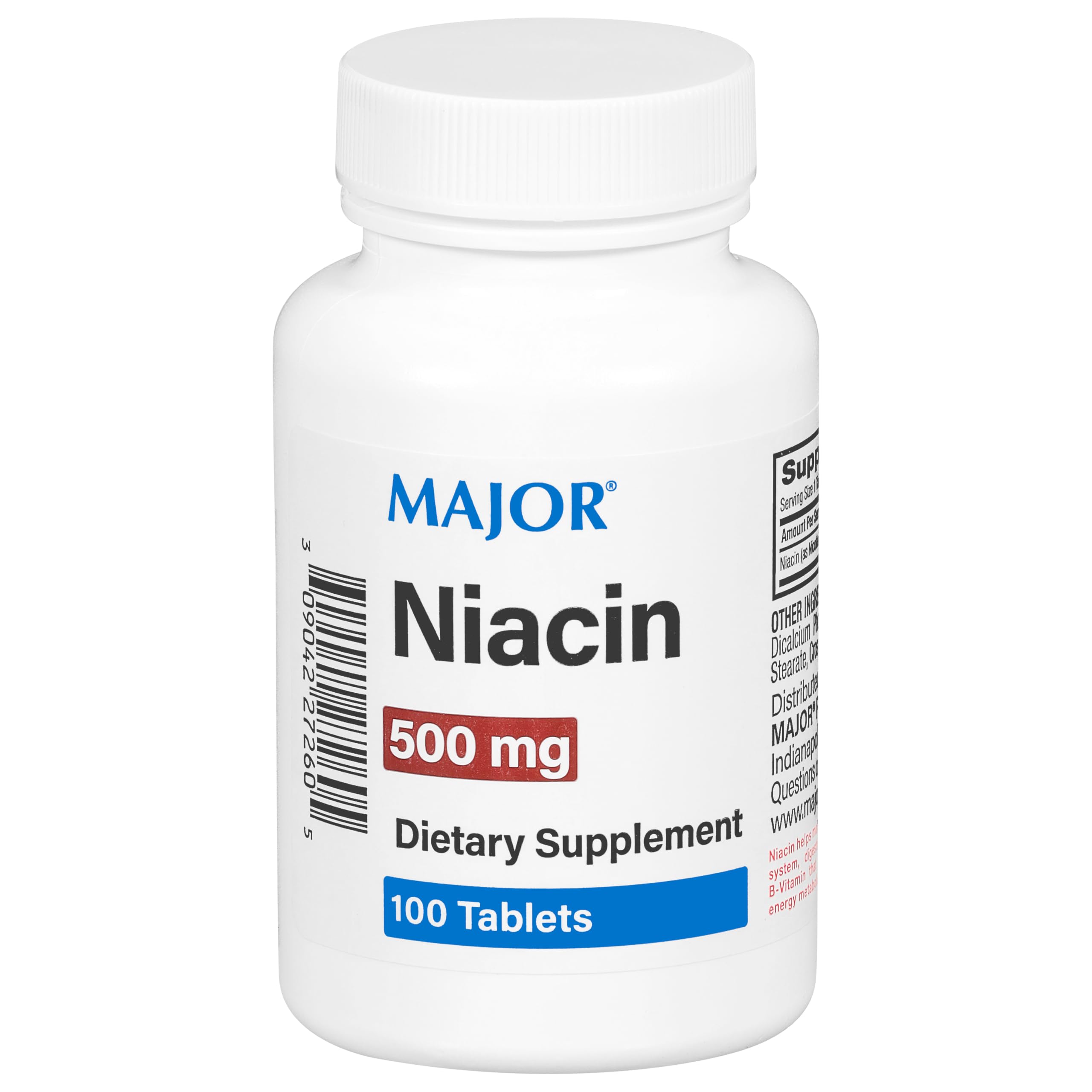 Major Niacine 500 mg: bouteille visible avec étiquette, soutien potentiel au métabolisme énergétique.