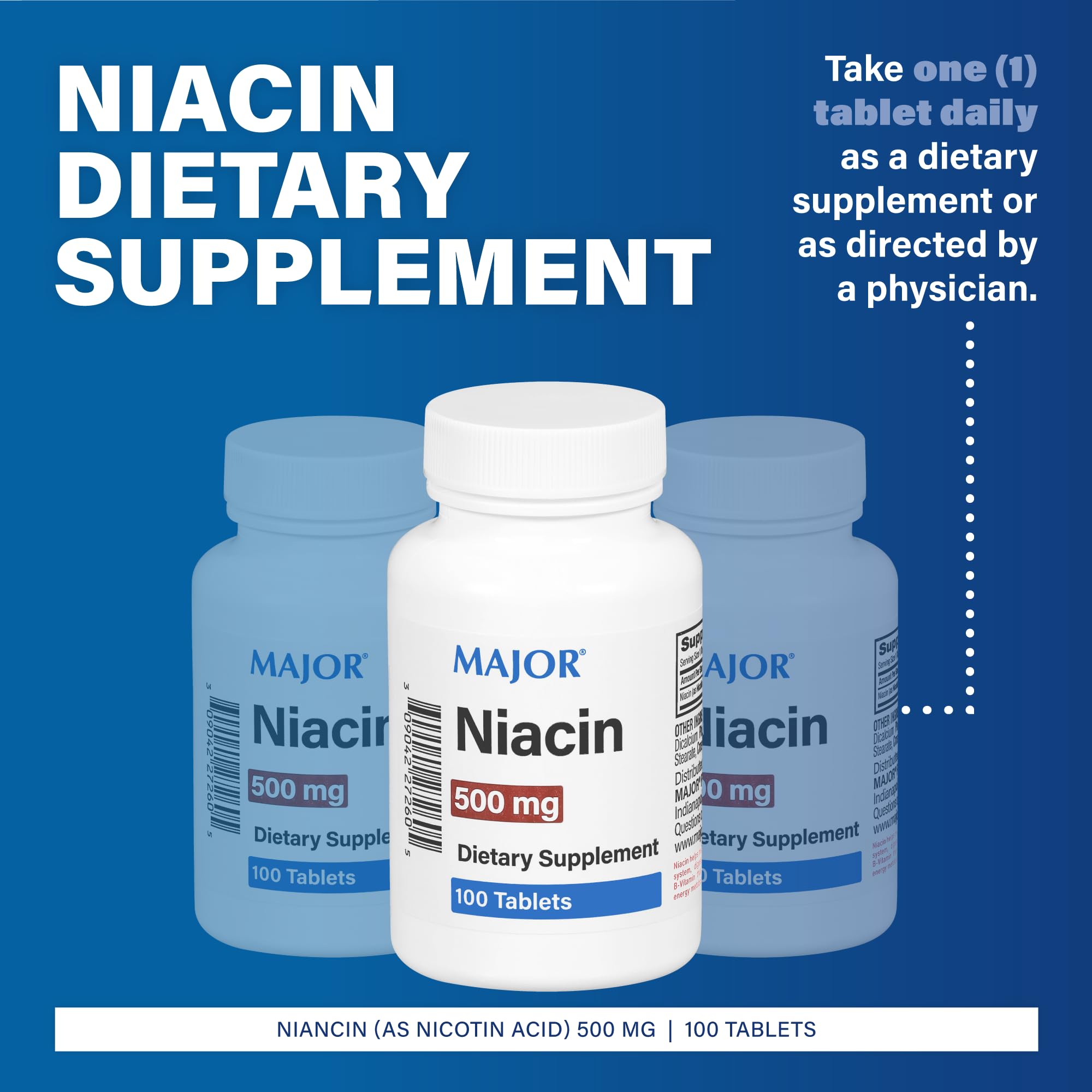 Major Niacine 500 mg: comprimés en gros plan, utile pour le système nerveux.