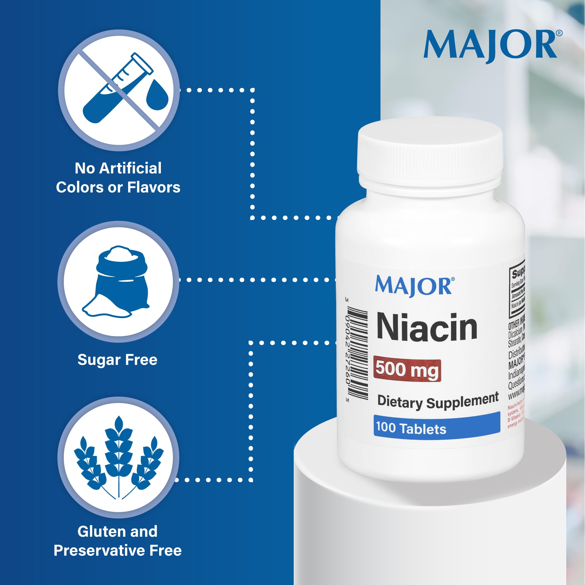 Major Niacine 500 mg: étiquette et emballage reflétant la qualité.
