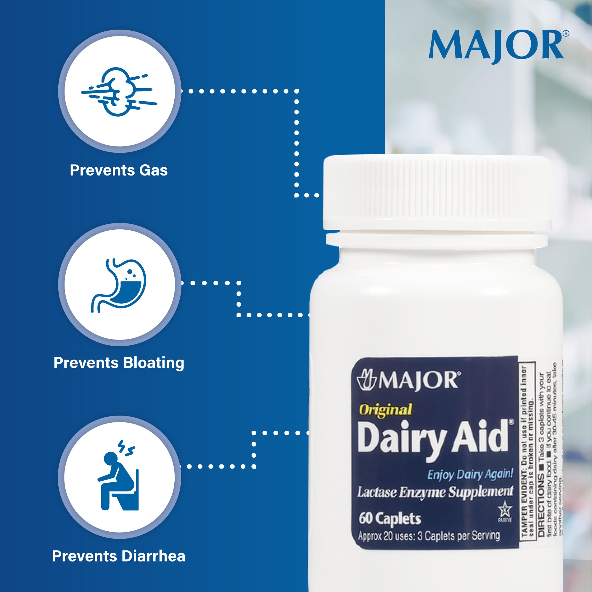 Étiquette MAJOR Original Dairy Aid montrant les ingrédients actifs et les portions recommandées.