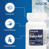 Étiquette MAJOR Original Dairy Aid montrant les ingrédients actifs et les portions recommandées.