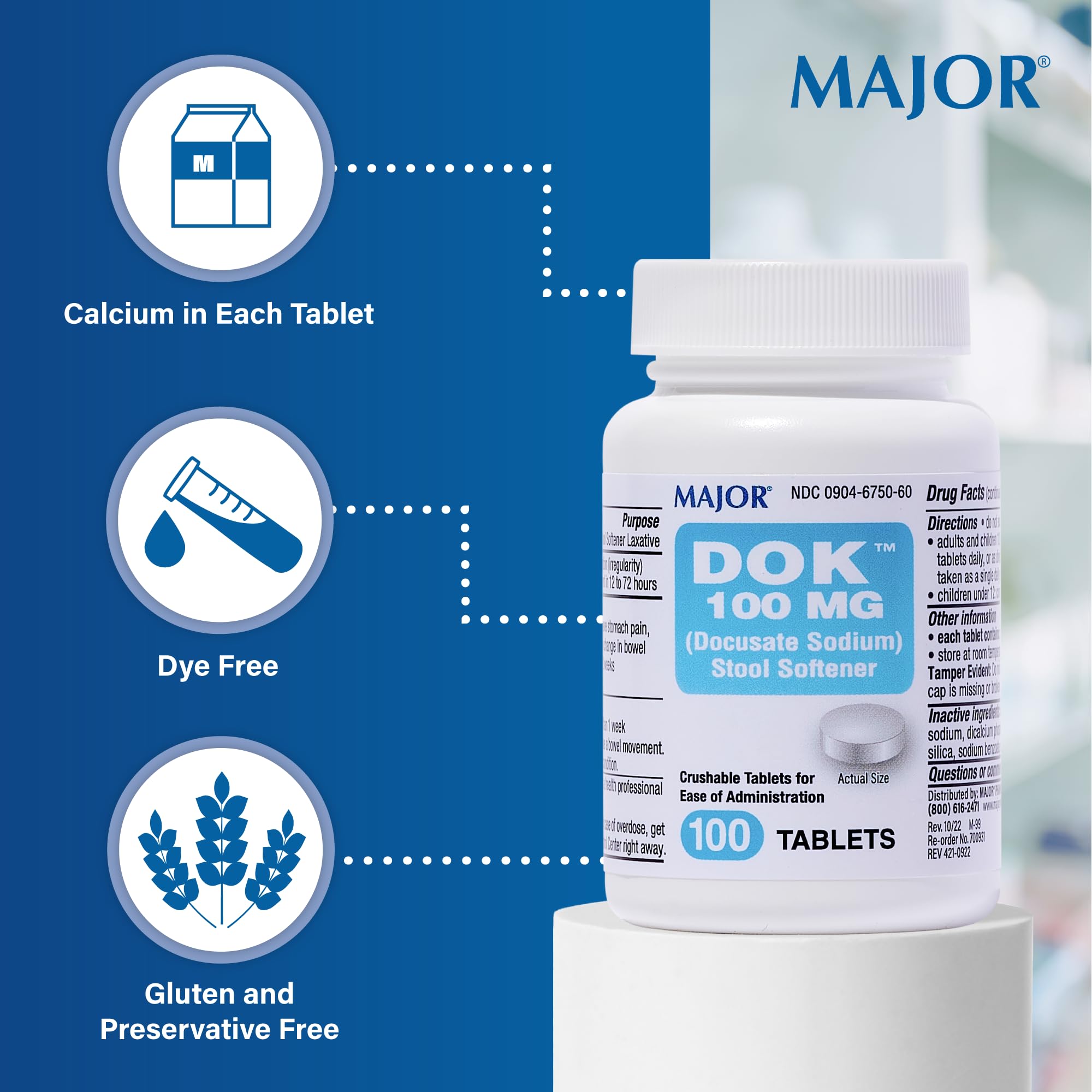 Major Pharmaceuticals Docusate Sodium 100 mg, comprimés visibles, émollient facilitant un passage plus doux.