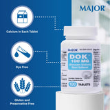 Major Pharmaceuticals Docusate Sodium 100 mg, comprimés visibles, émollient facilitant un passage plus doux.