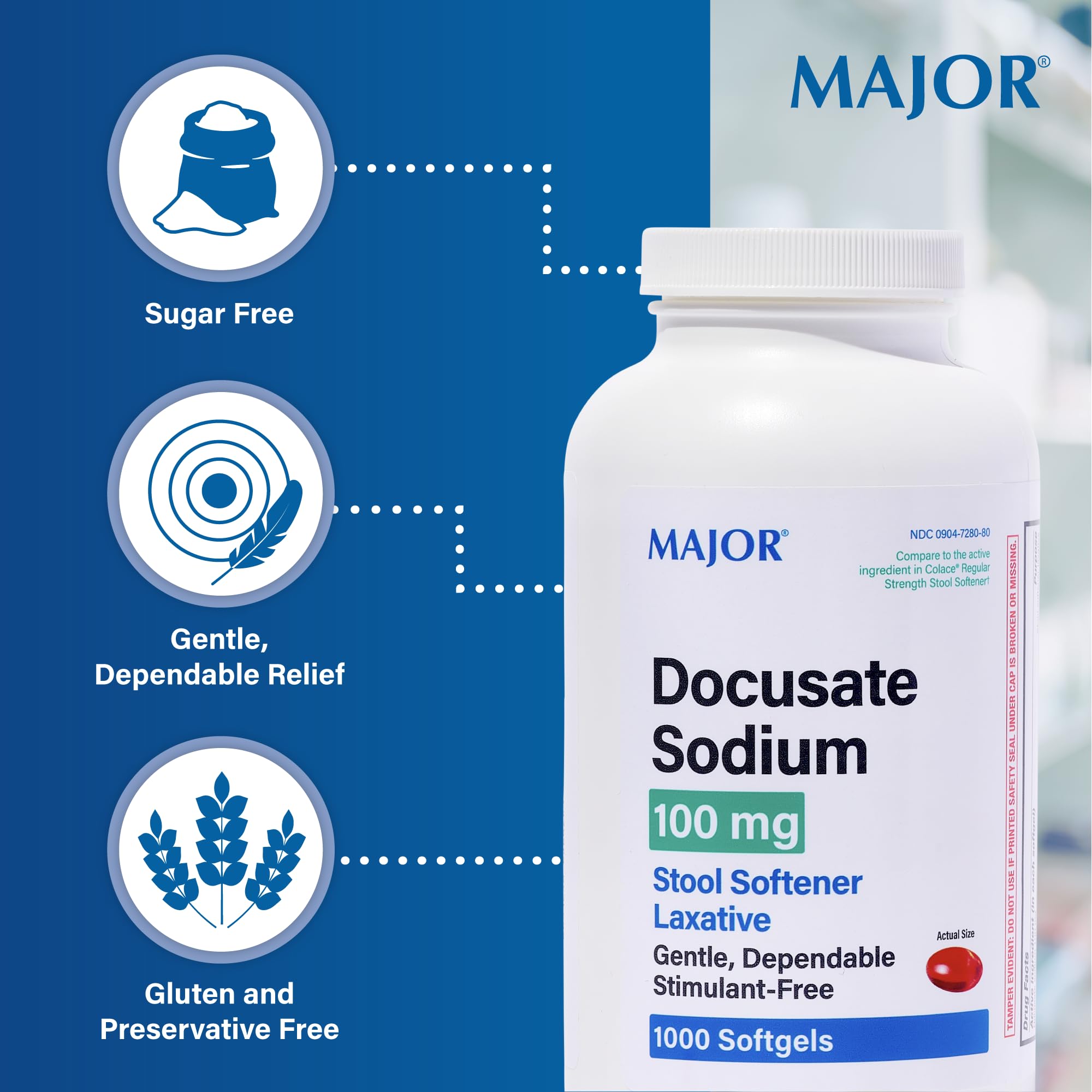 Major Pharmaceuticals Docusate Sodium 100 mg – emballage recto-verso visible et clair