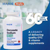 Major Pharmaceuticals Docusate Sodium 100 mg – étiquette claire affichant le dosage recommandé
