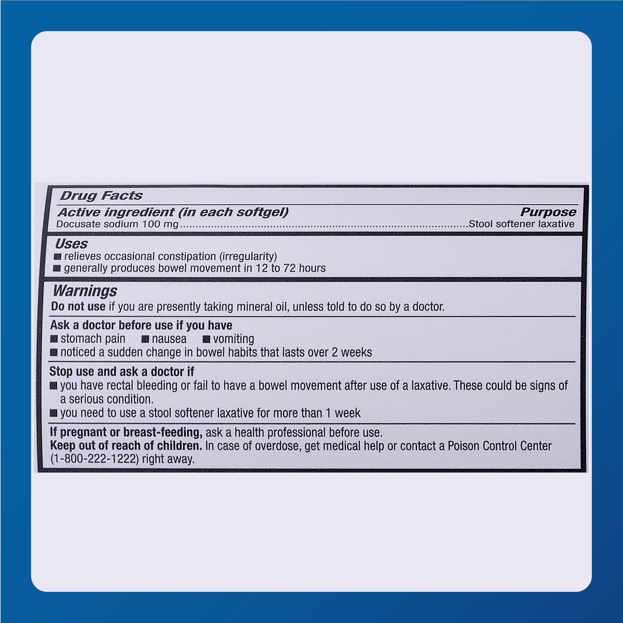 Major Pharmaceuticals Docusate Sodium 100 mg – étiquette sans colorant sur l’emballage