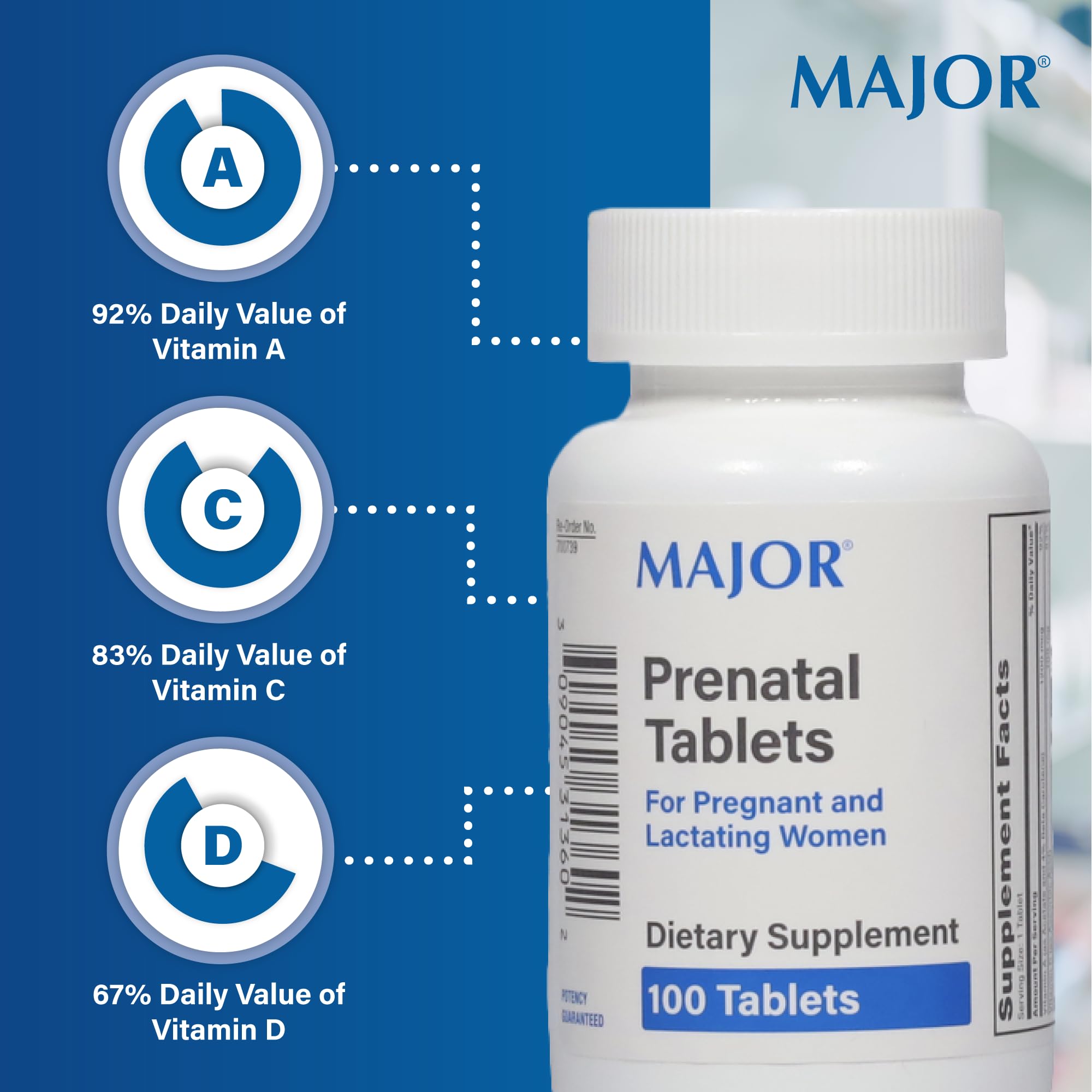 Ingrédients complets MAJOR tablettes prénatales pour un apport nutritionnel varié.
