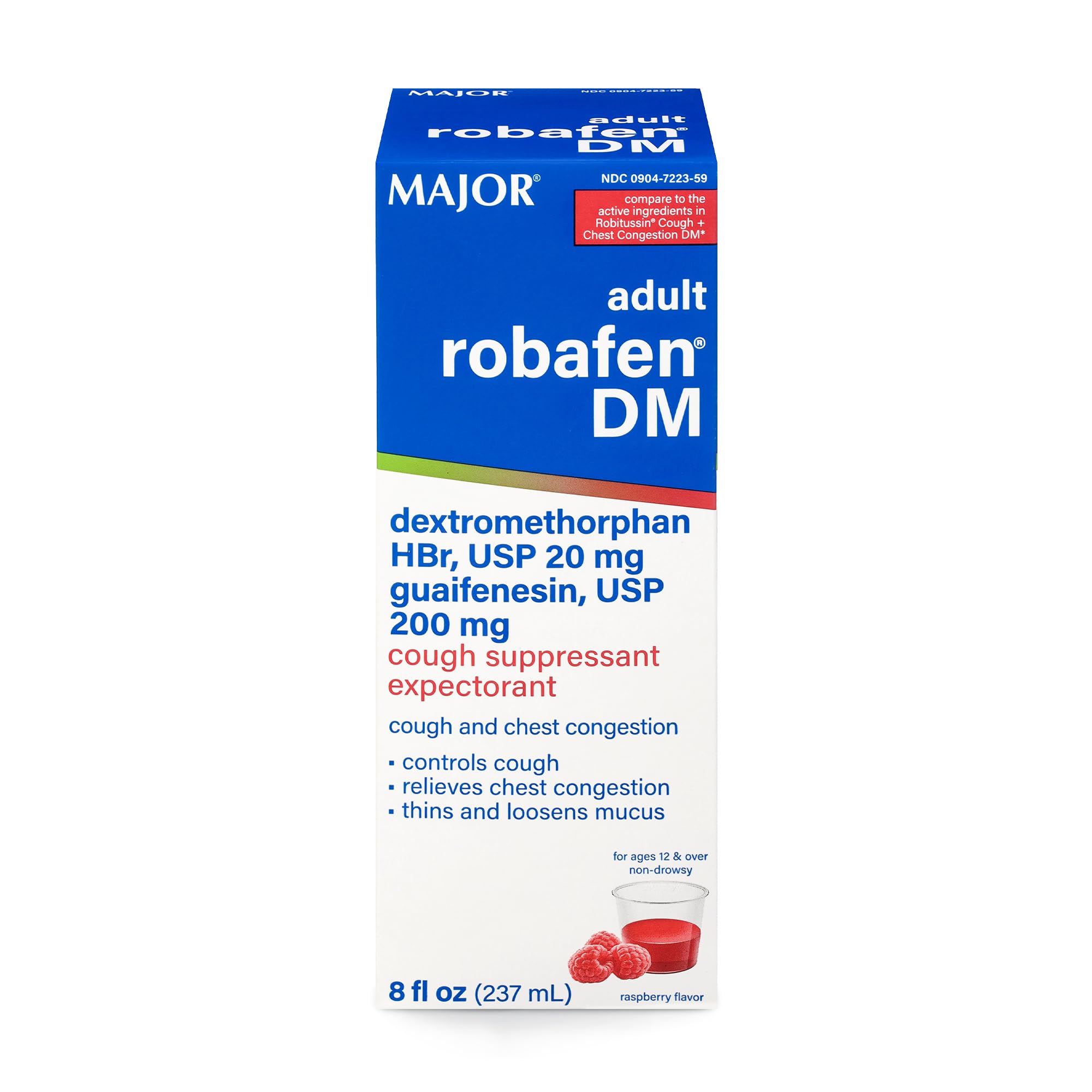 Major Robafen DM Framboise — Flacon affiché, arôme framboise agréable pour le soulagement temporaire.