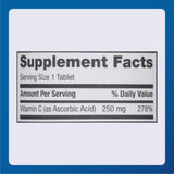 Gros plan sur une tablette MAJOR Vitamin C 250 mg, dosage clair.