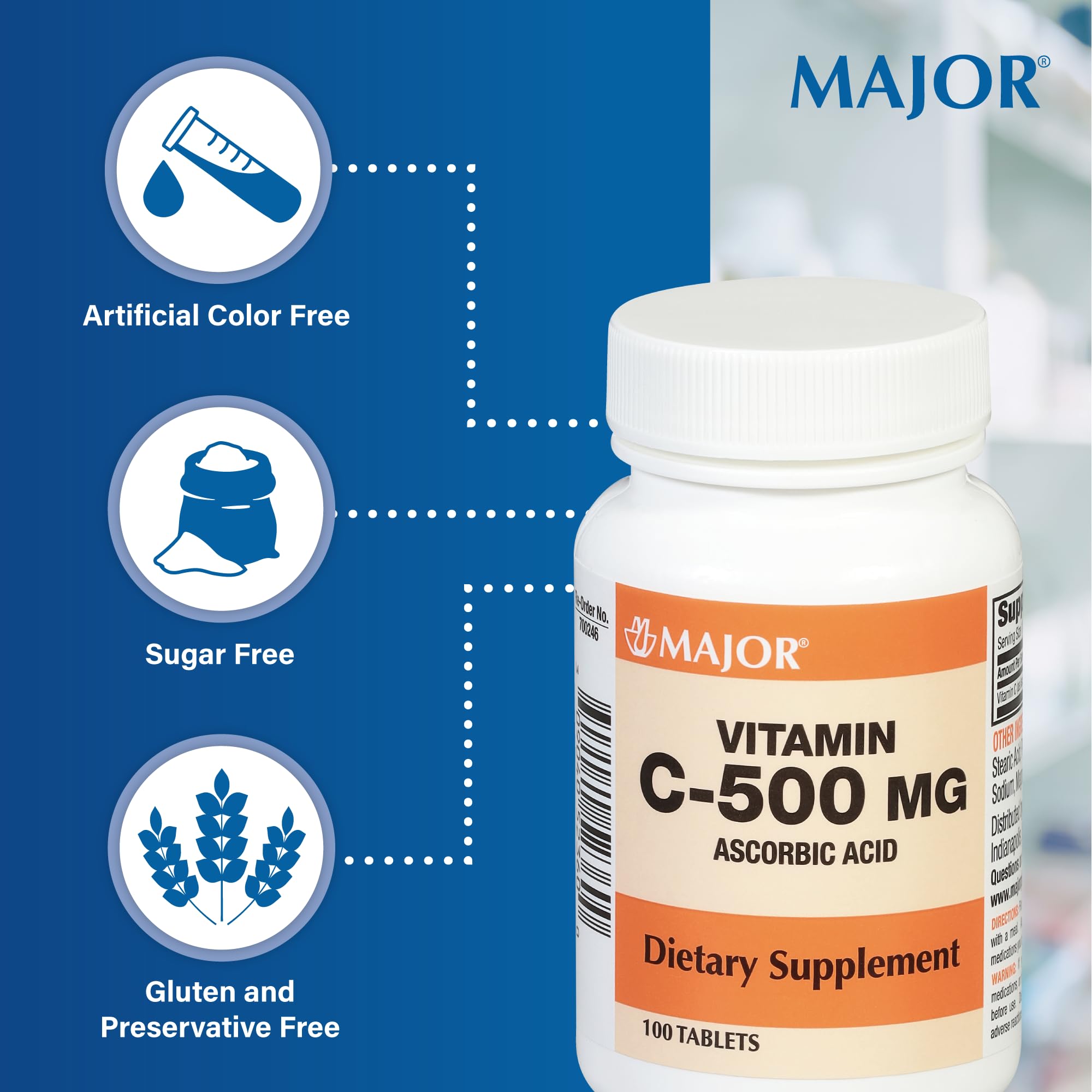 Prise avec repas: comprimés MAJOR vitamine C 500 mg pour une absorption confortable.