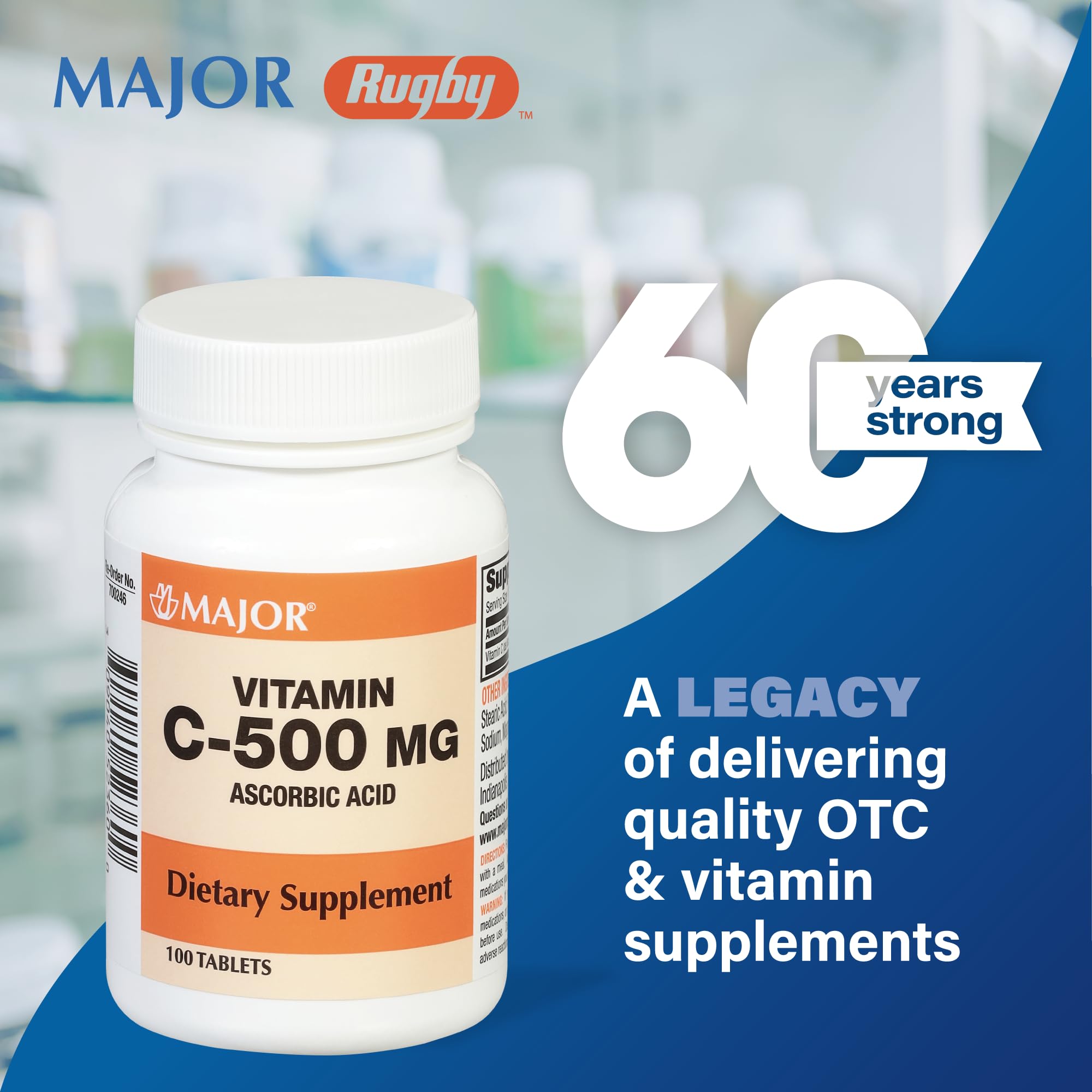 Contenu de MAJOR vitamine C 500 mg, contrôle qualité et conformité affichés sur l'emballage.