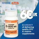 Contenu de MAJOR vitamine C 500 mg, contrôle qualité et conformité affichés sur l'emballage.