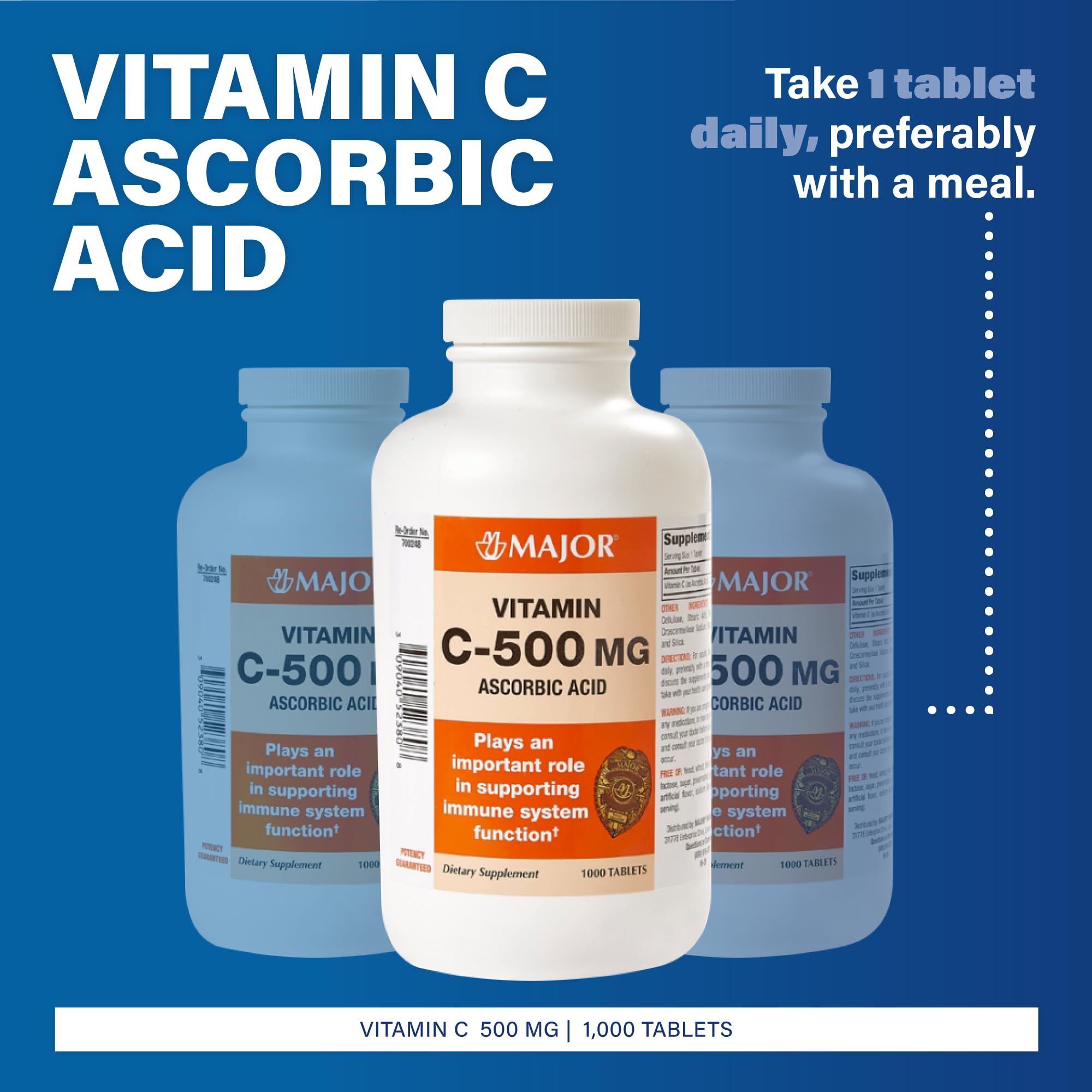MAJOR vitamine C-500: flacon de tablettes conçu pour l'usage quotidien.