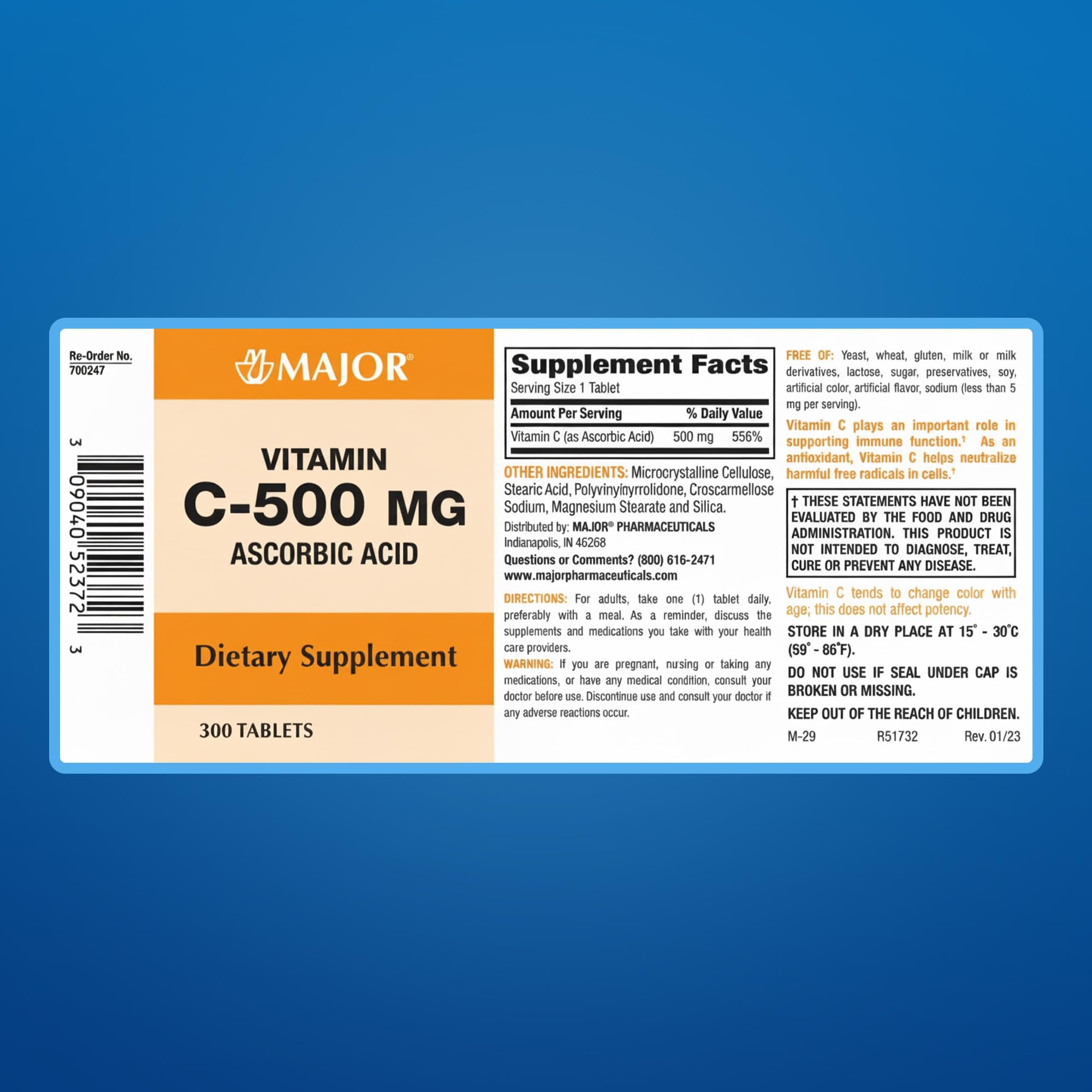Emballage MAJOR vitamine C 500 mg, format pratique pour le quotidien