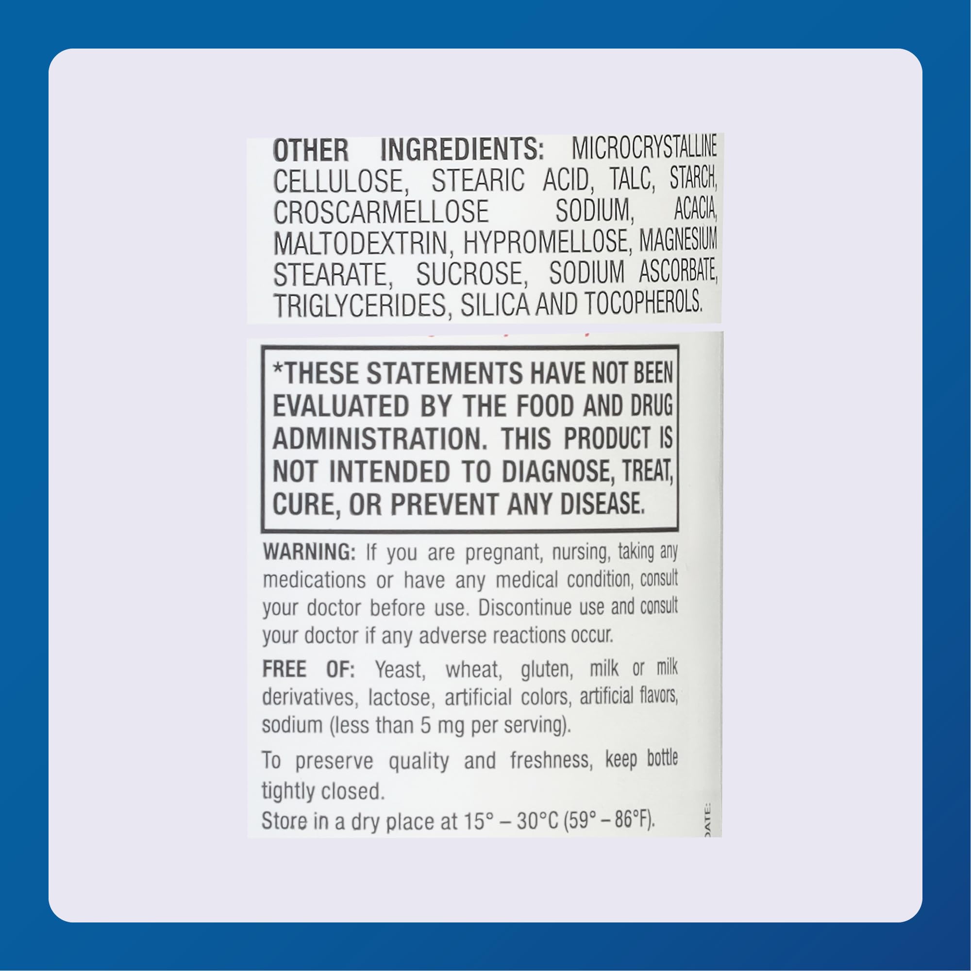Emballage MAJOR D3 sans gluten et sans allergènes principaux.