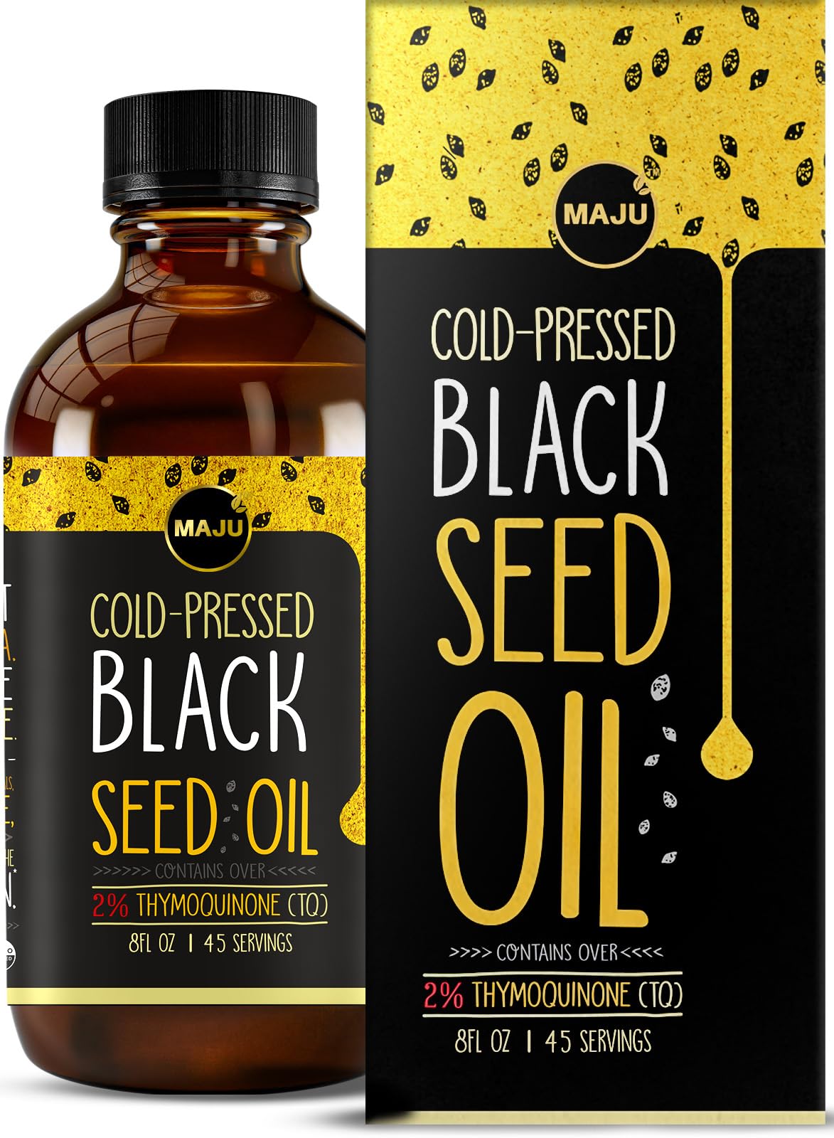 MAJU Huile de nigelle dans une bouteille en verre prête à l'utilisation.