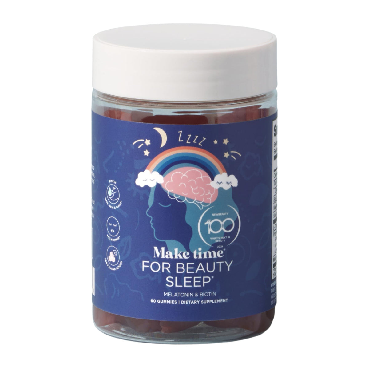 Gommes MAKE TIME sommeil beauté dans une bouteille sur la table de nuit, réveil plus frais.