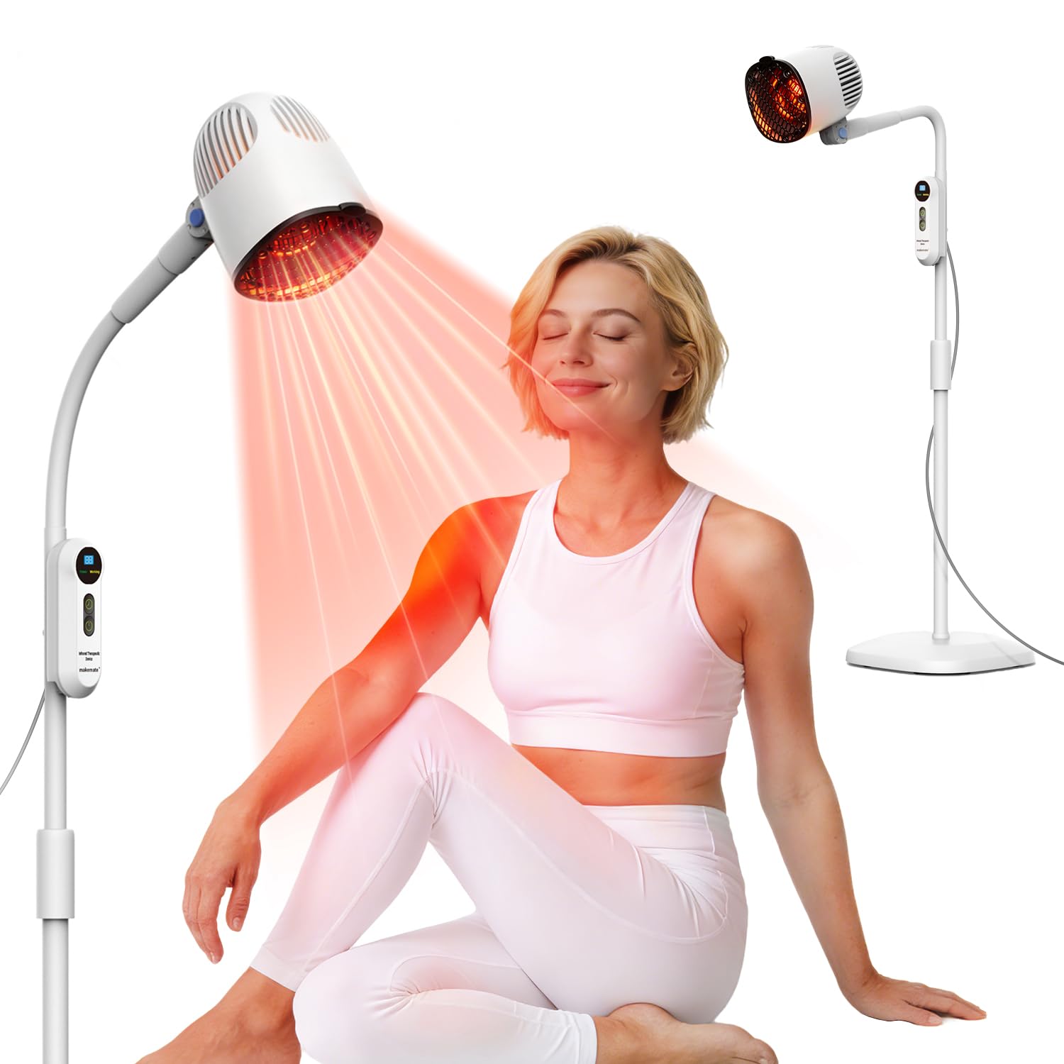 Makemate lampe thérapie infrarouge 3-en-1 sur pied pour relaxation musculaire ciblée.