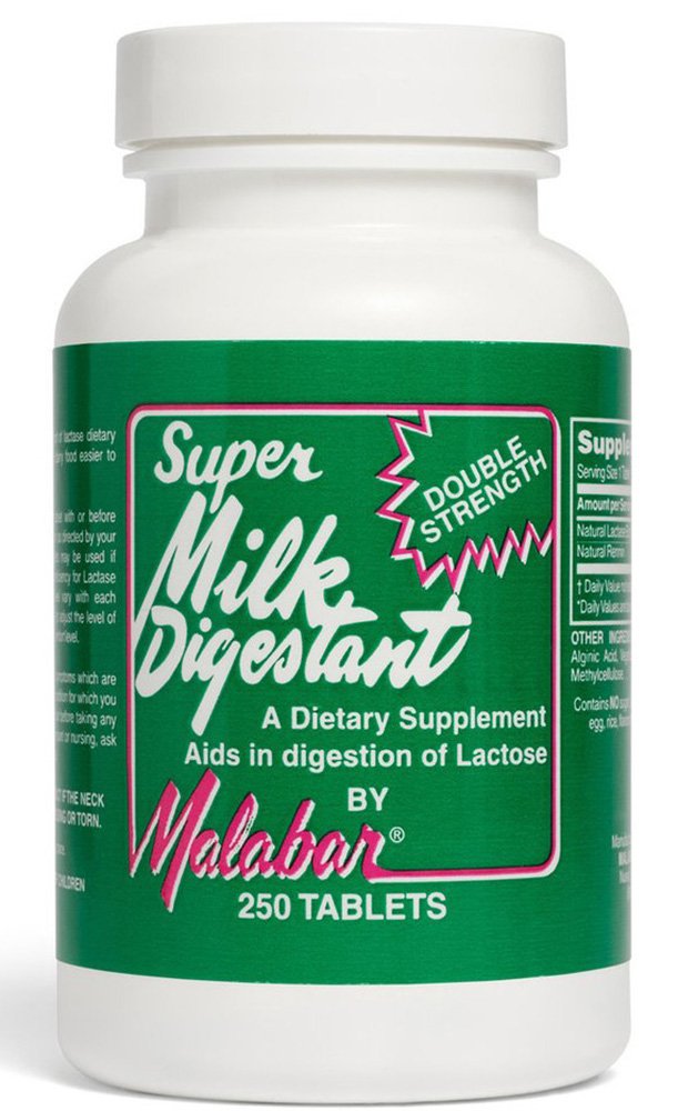 Malabar Digestant Lait – ensemble: emballage et flacon, soutien potentiel à la digestion des produits laitiers.