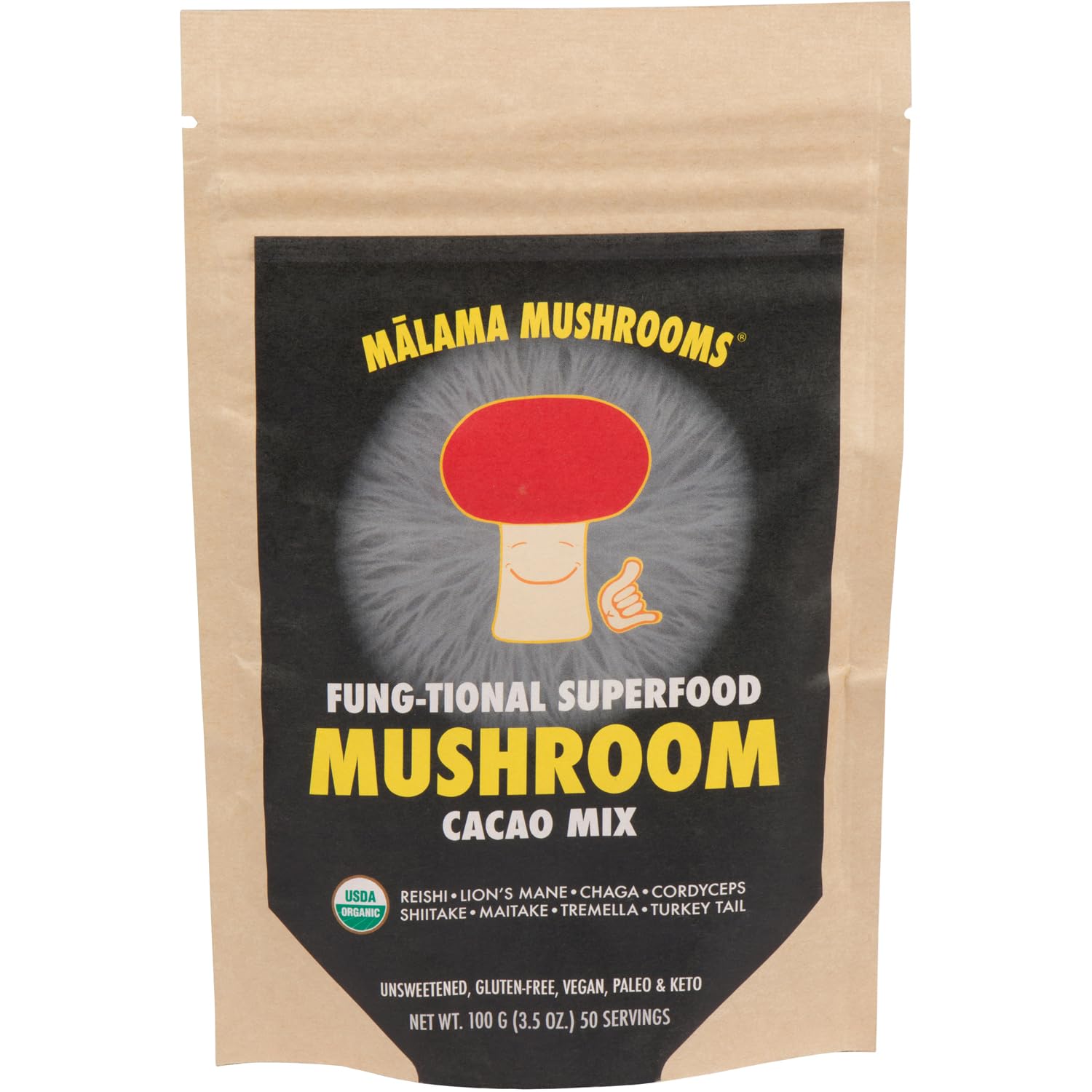 Malama Mushrooms emballage montrant le mélange cacao chaud pour énergie durable.