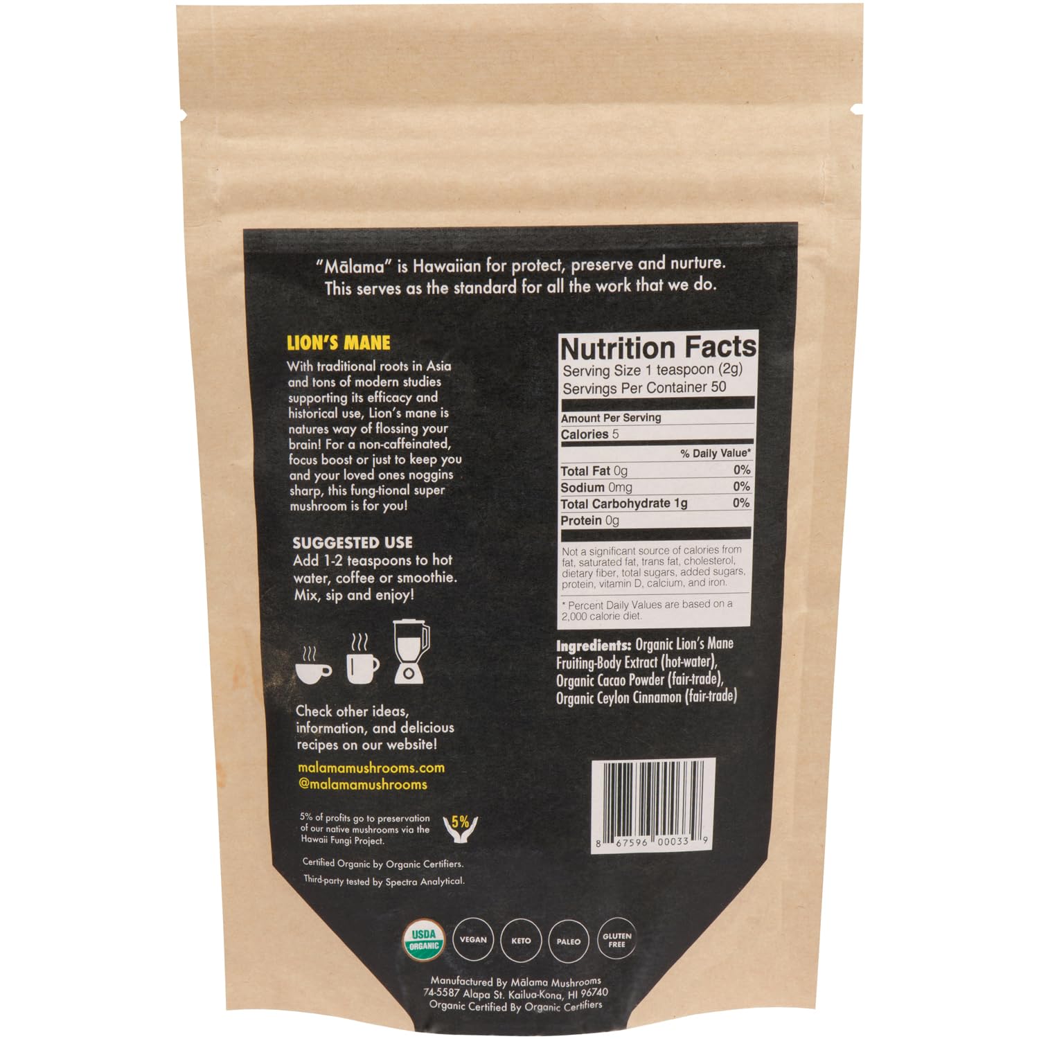 MALAMA MUSHROOMS Tasse cacao chaud, crinière de lion pour concentration.