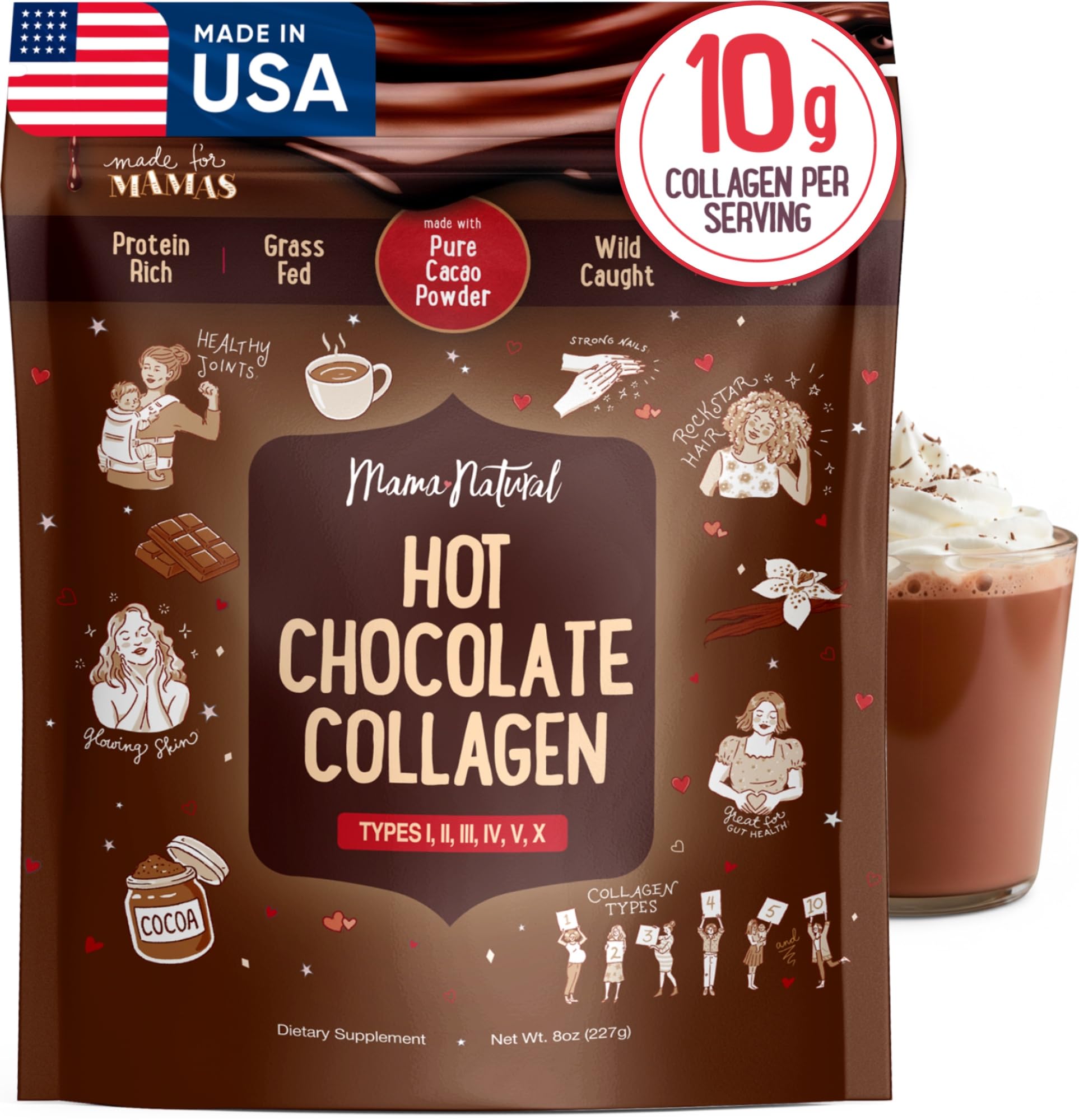 Mama Natural chocolat chaud collagene poudre : mélange savoureux pour booster vos rituels matin.