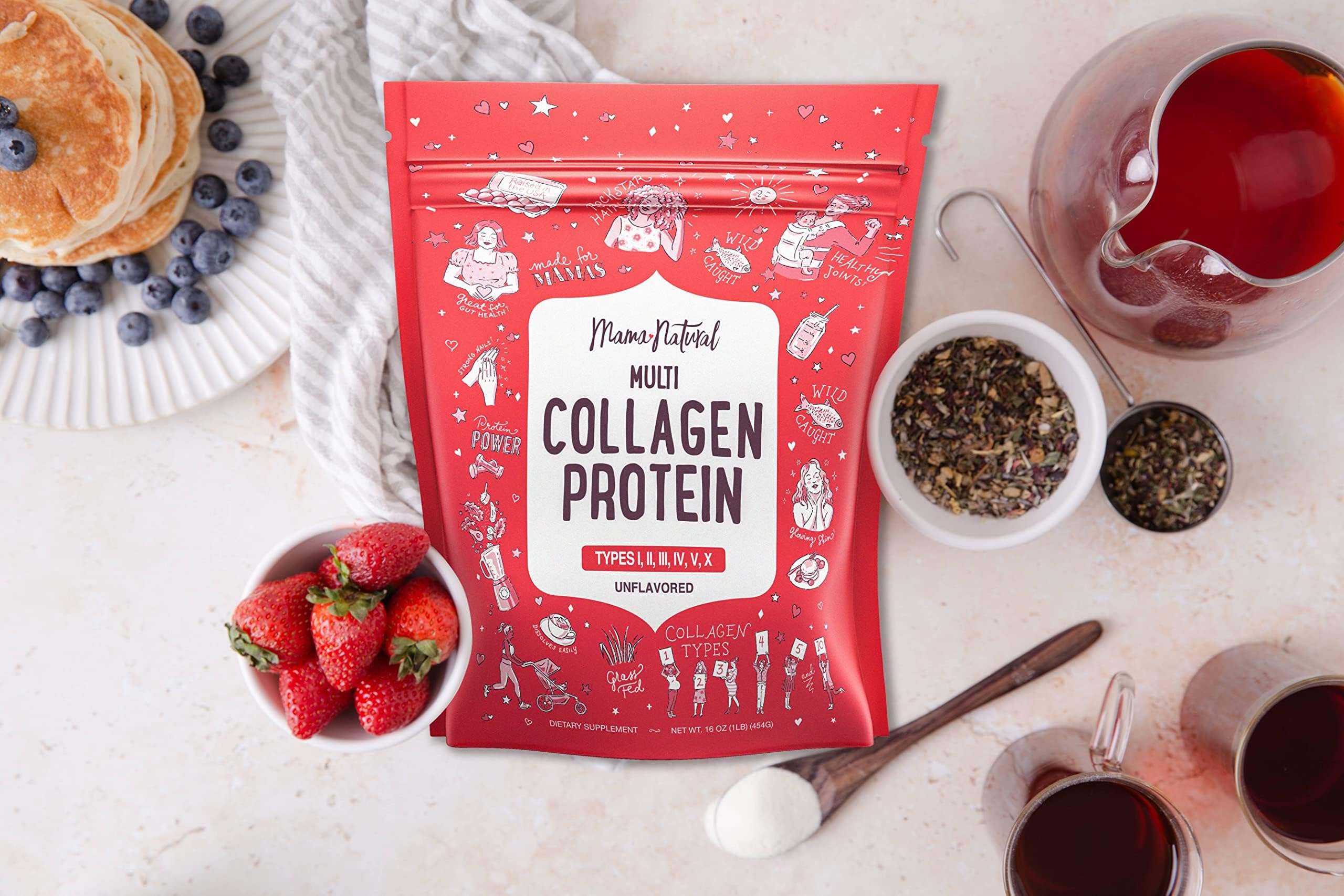 Smoothie quotidien avec Mama Natural Multi-Collagene pour un apport pratique.
