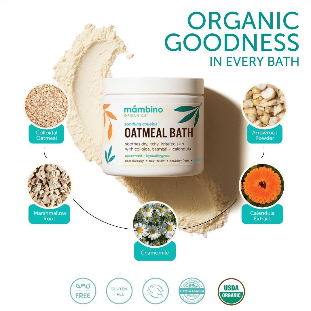 Poudre bain avoine Mambino Organics avec calendula, soin naturel pour tout le corps.