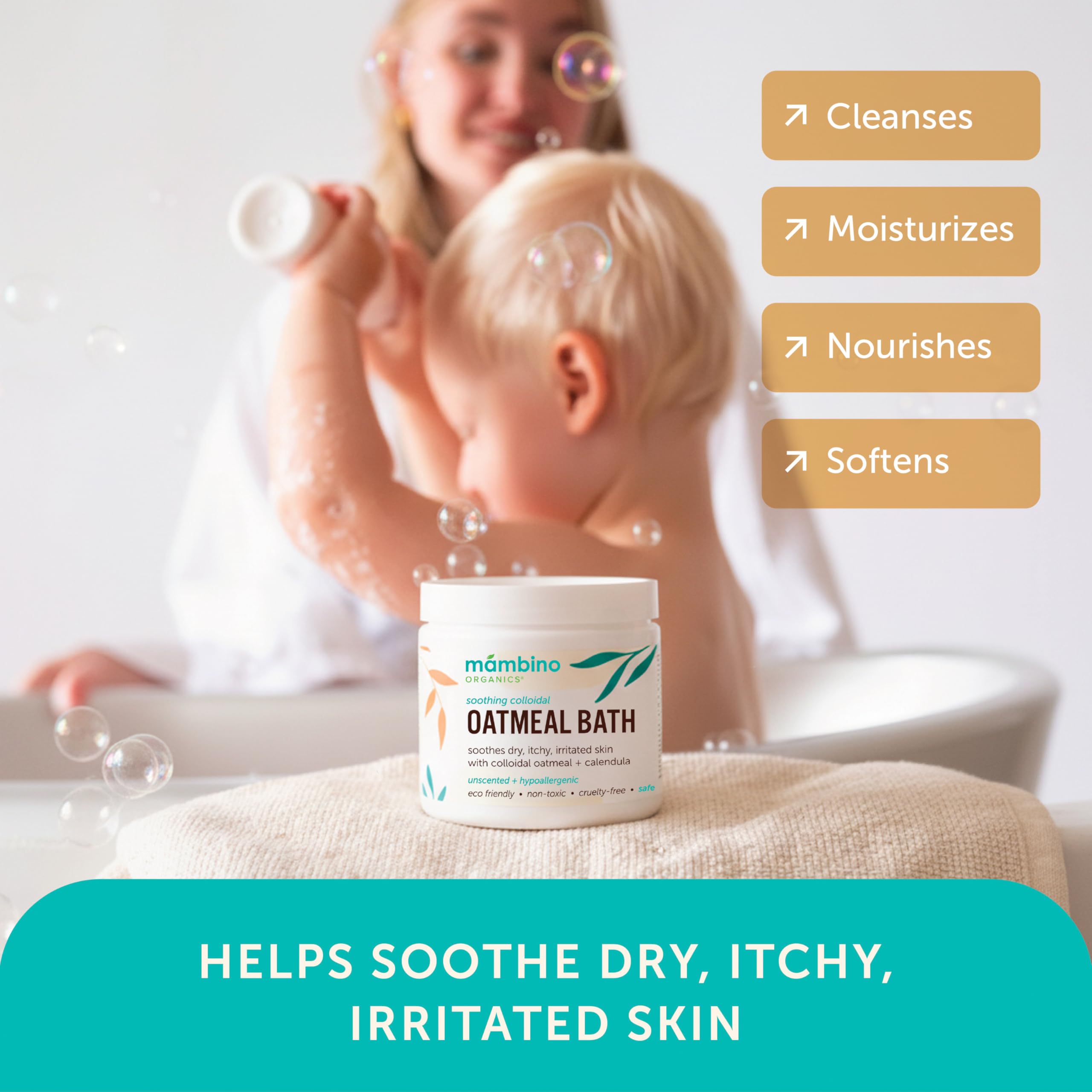 Poudre bain avoine Mambino Organics chamomile, moment bain relaxant pour bébés.
