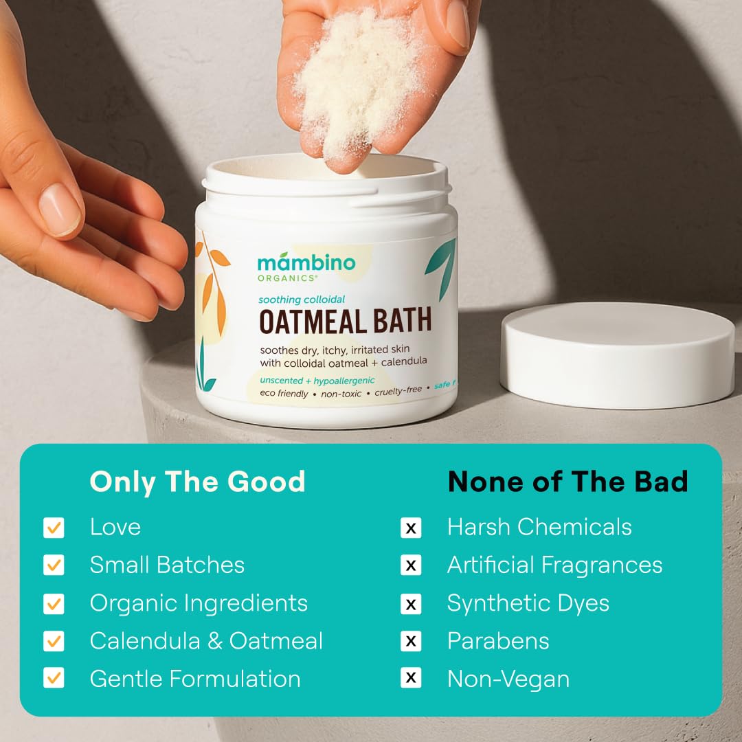 Poudre bain avoine Mambino Organics guimauve, hydratation légère pour peaux irritées.