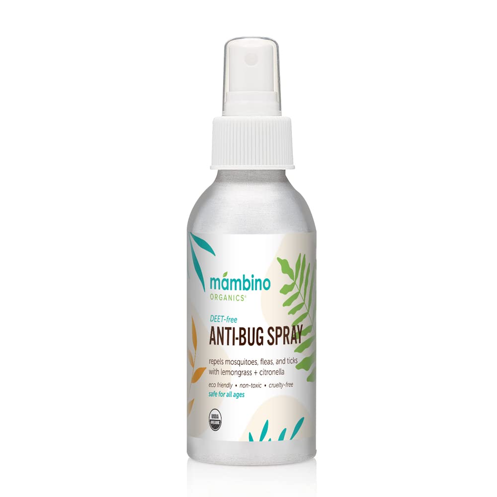 Spray anti-insectes Mambino Organics, application légère pour peau sensible en extérieur.