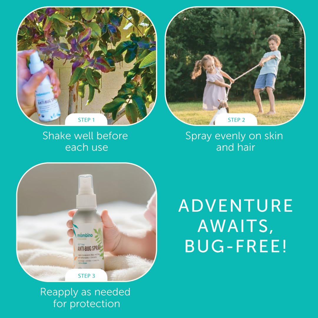 Format voyage pratique du spray anti-insectes Mambino Organics pour sacs et poussettes.