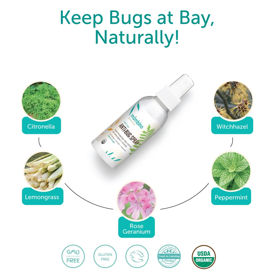 Étiquette du spray Mambino Organics, protection longue et naturelle jusqu'à 12 heures.