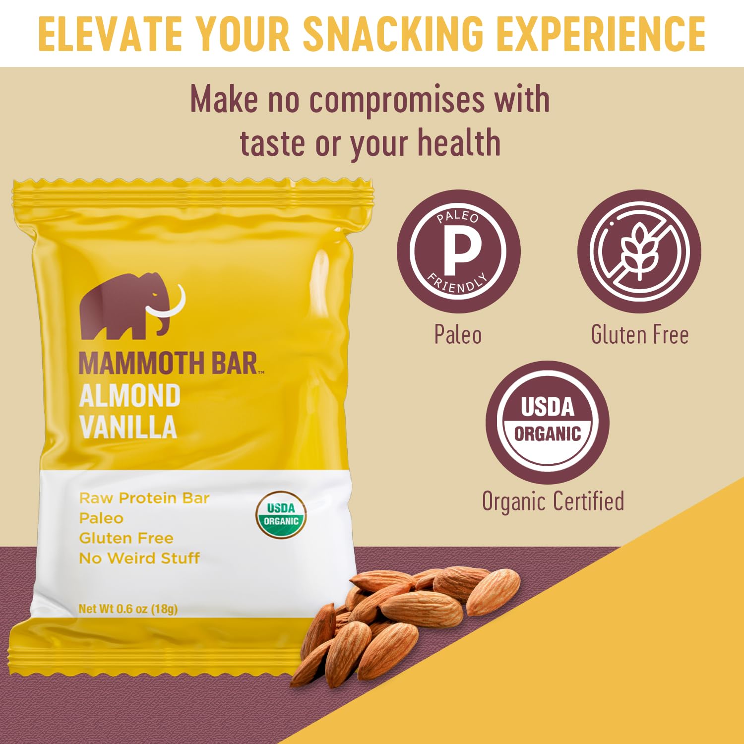 Mammoth Bar amande vanille encas-portable — parfait pour le sport et les pauses rapides.