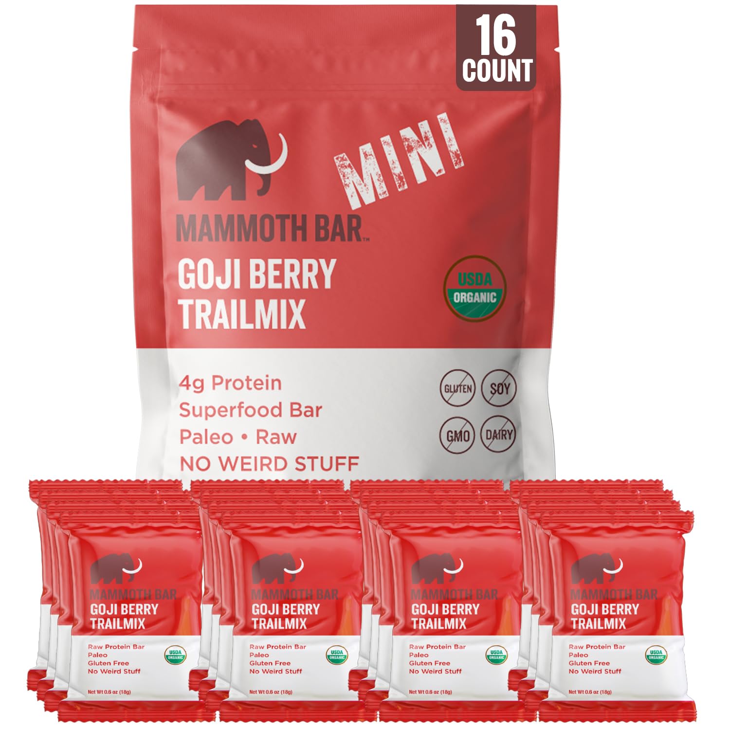 Mammoth Bar Goji Berry Trail Mini Bar: emballage prêt à emporter pour une collation pratique.
