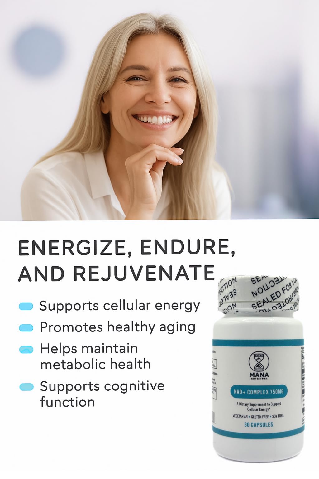 Mana Nutrition NAD+ Complex – Emballage sans gluten et végétalien.