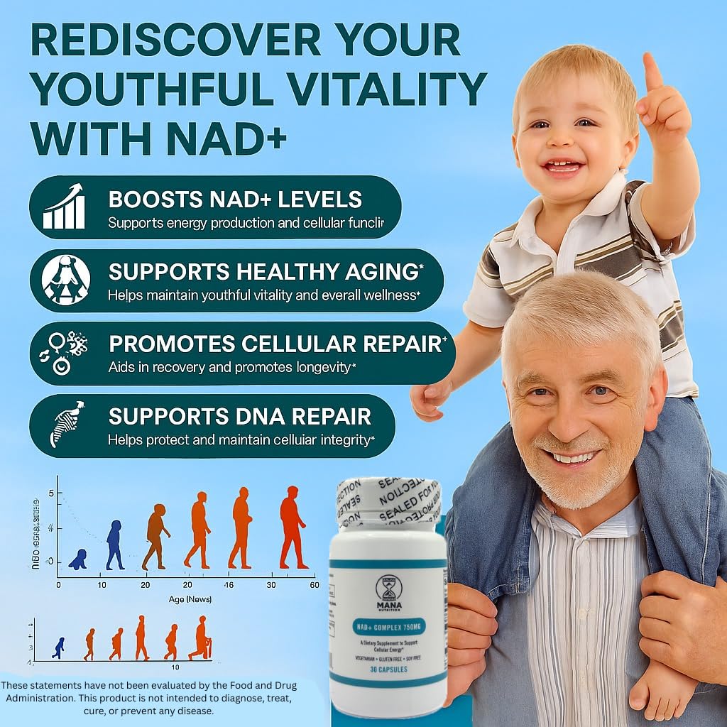 Mana Nutrition NAD+ Complex – Ingrédients clés niacine et vitamine C pour le métabolisme potentiel.