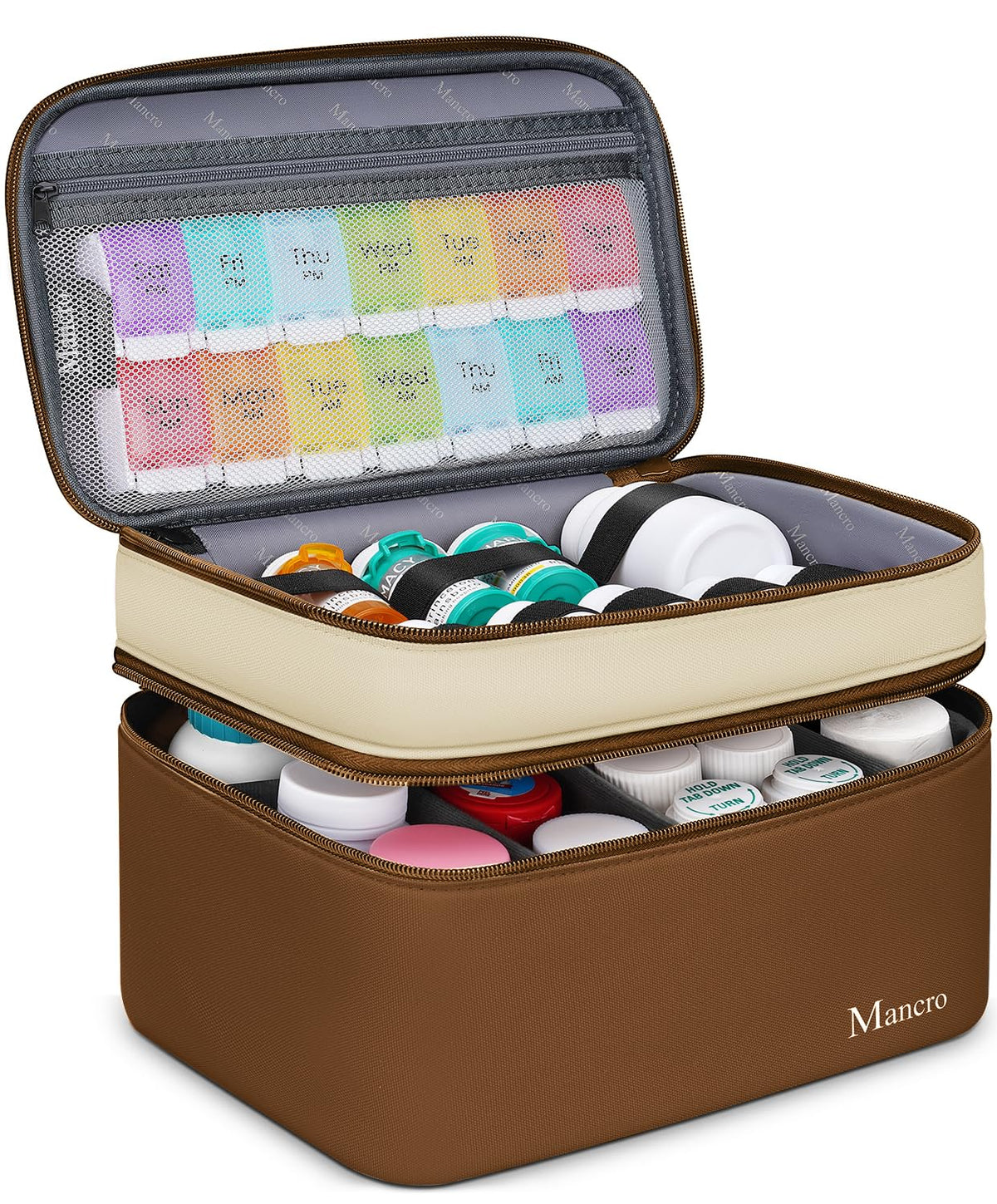 Etui Mancro double couches pour médicaments, pratique et sûr pour les voyages.