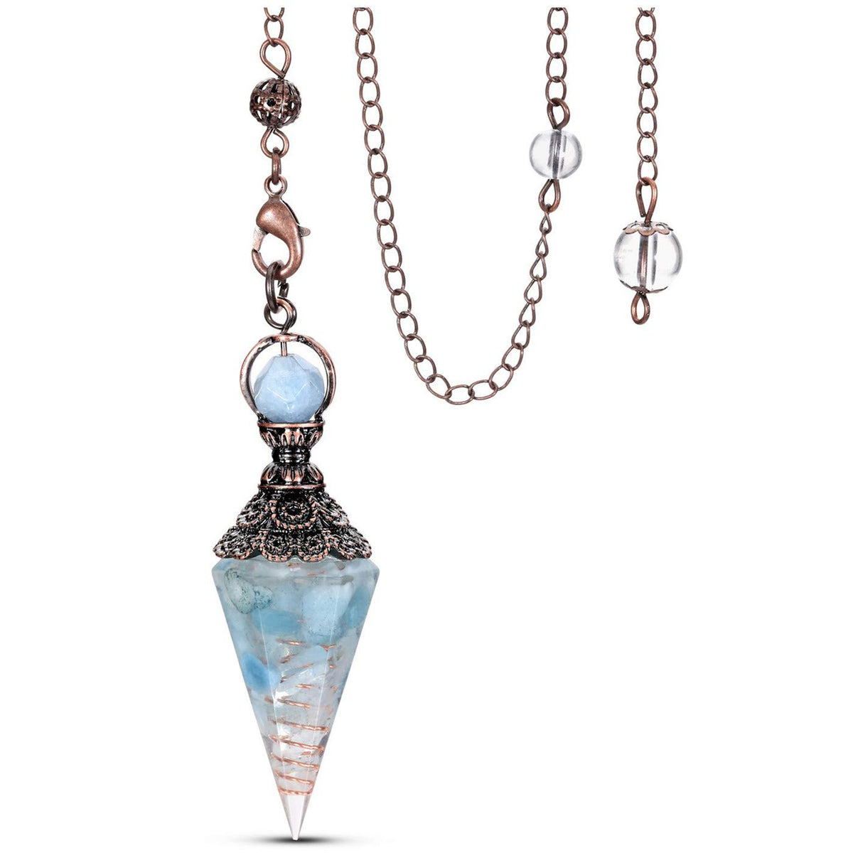 Pendule MANIFO en cristal aquamarine Six facettes pour méditation et radiesthésie.