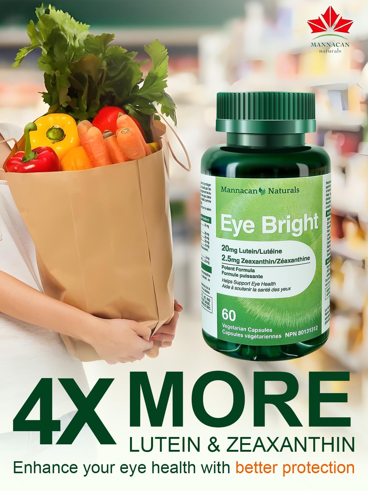 MANNACAN NATURALS Lutéine-Zéaxanthine: capsules faciles à avaler pour la fatigue oculaire.