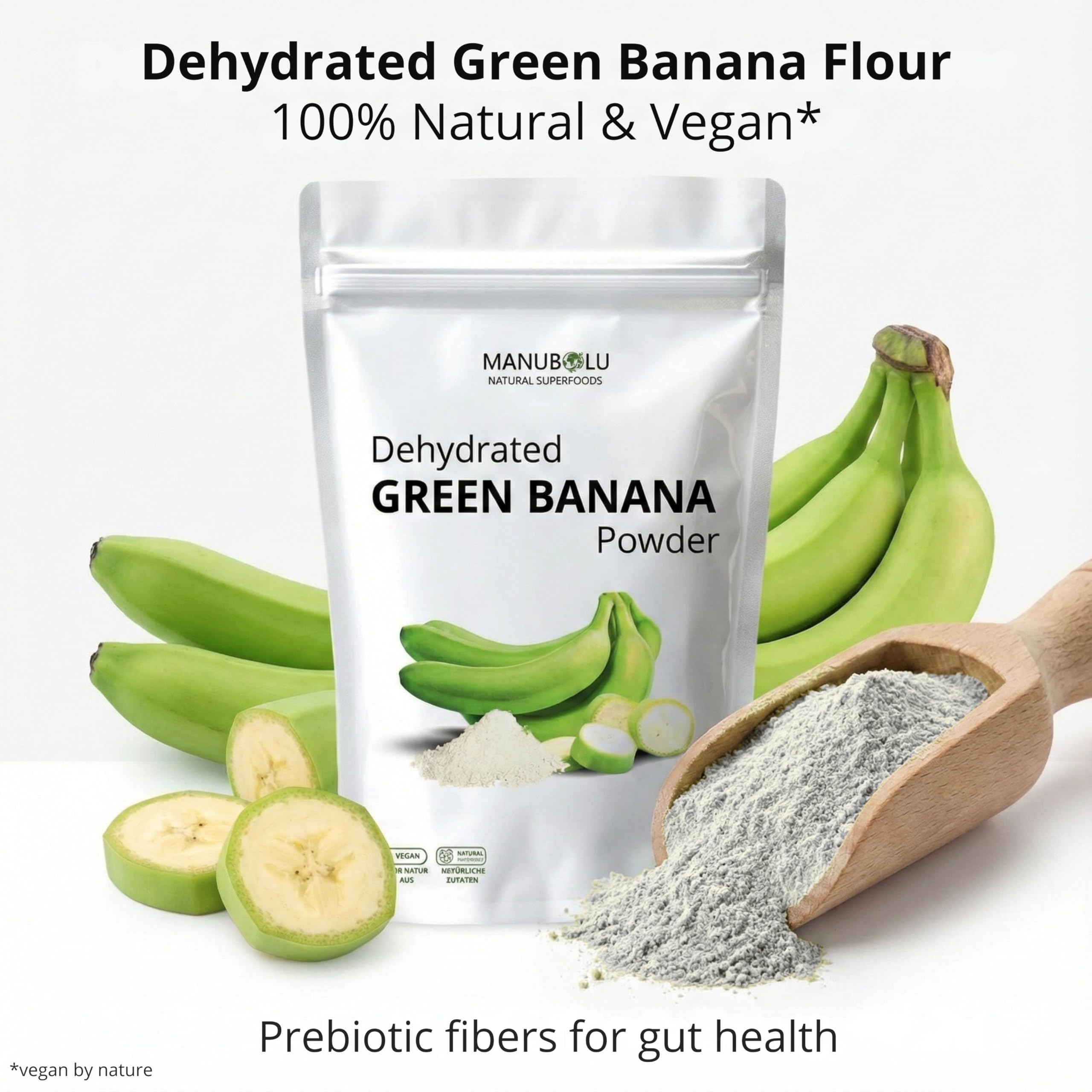 Manubolu Poudre Banane Verte — gros plan sur texture fine, idéale pour cuisiner.