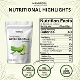 Doseur inclus avec Poudre Banane Verte Manubolu pour doser facilement.