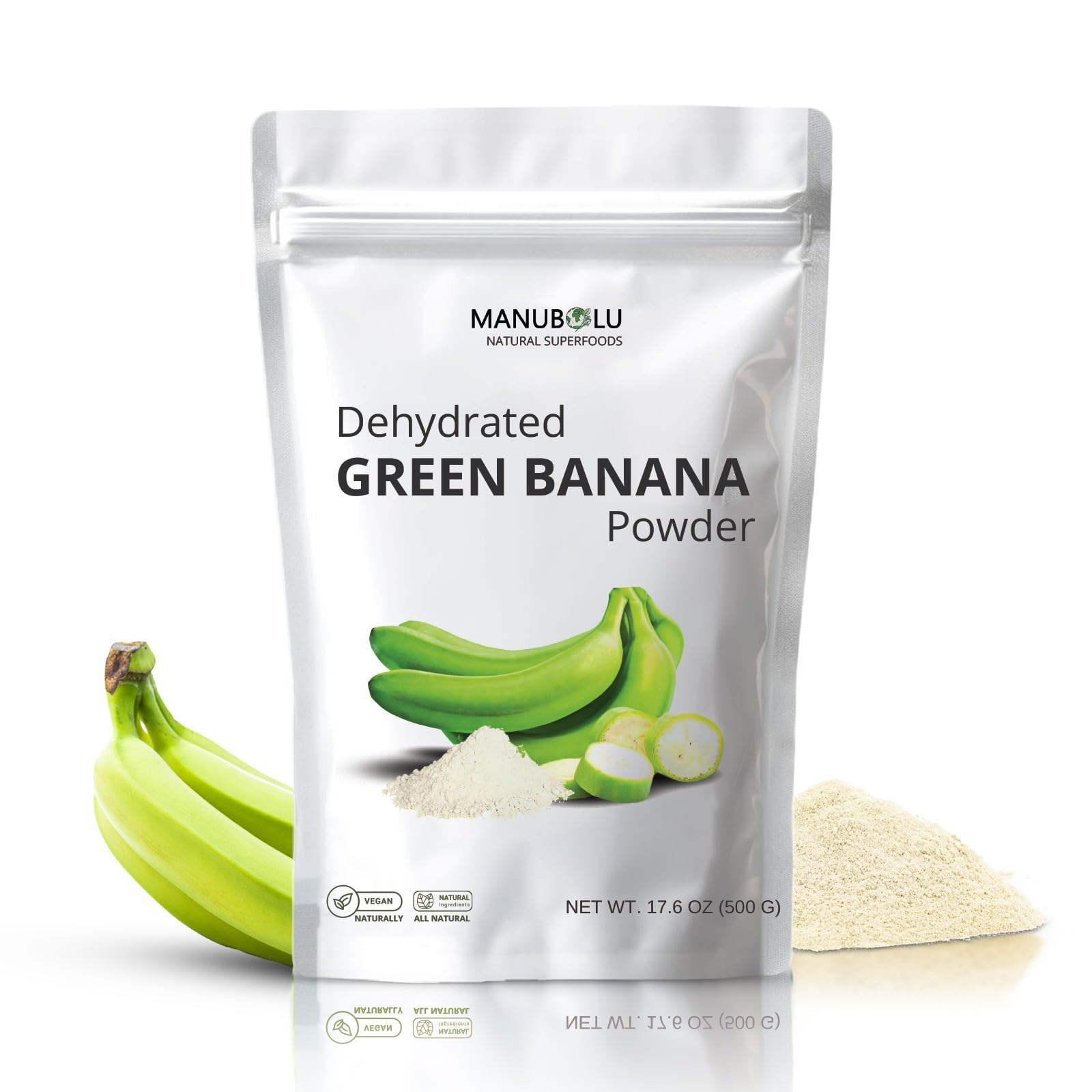 Manubolu Poudre Banane Verte dans sac ouvert, pratique pour smoothies riches en fibres.