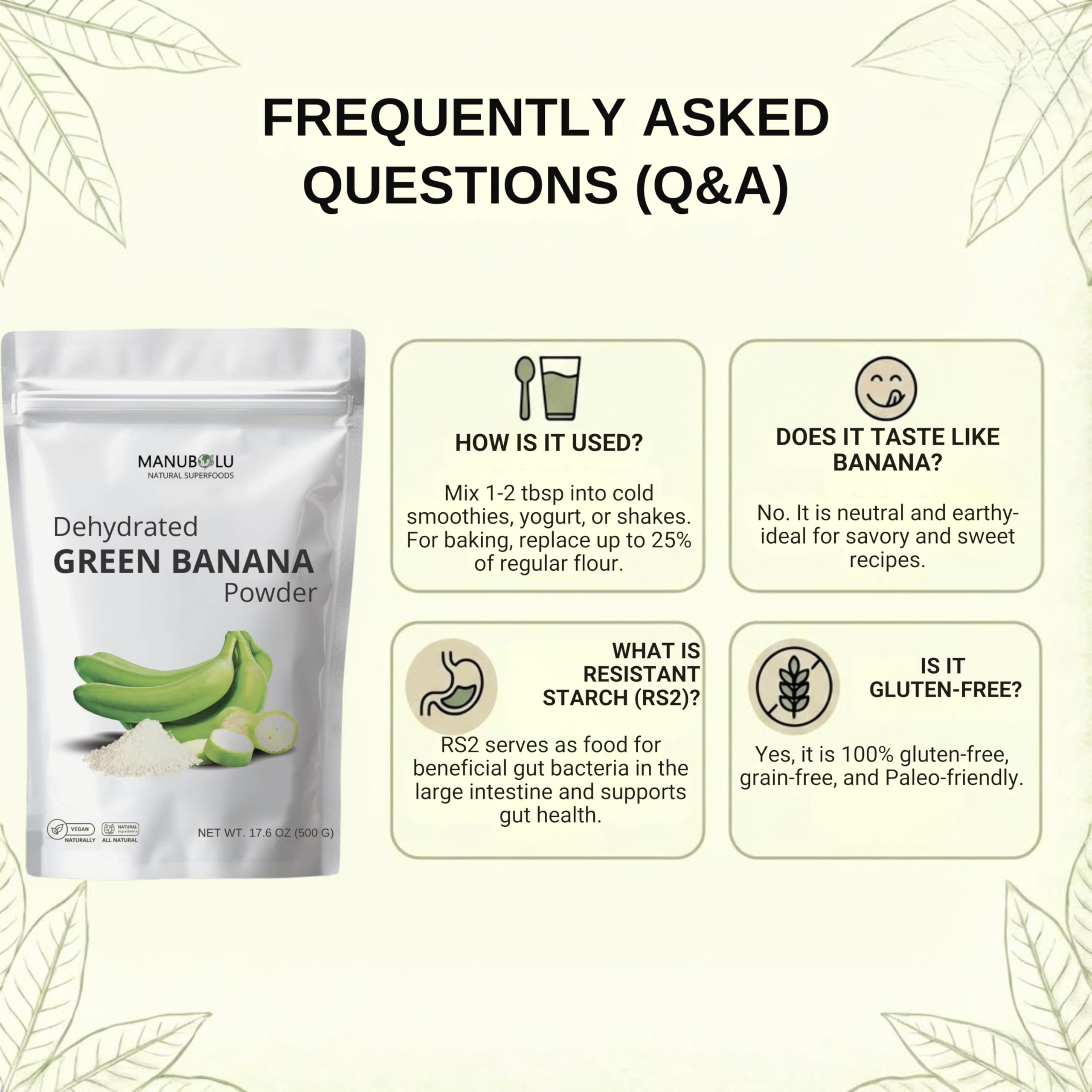 Poudre Banane Verte Manubolu dans smoothie, texture légère et neutre.