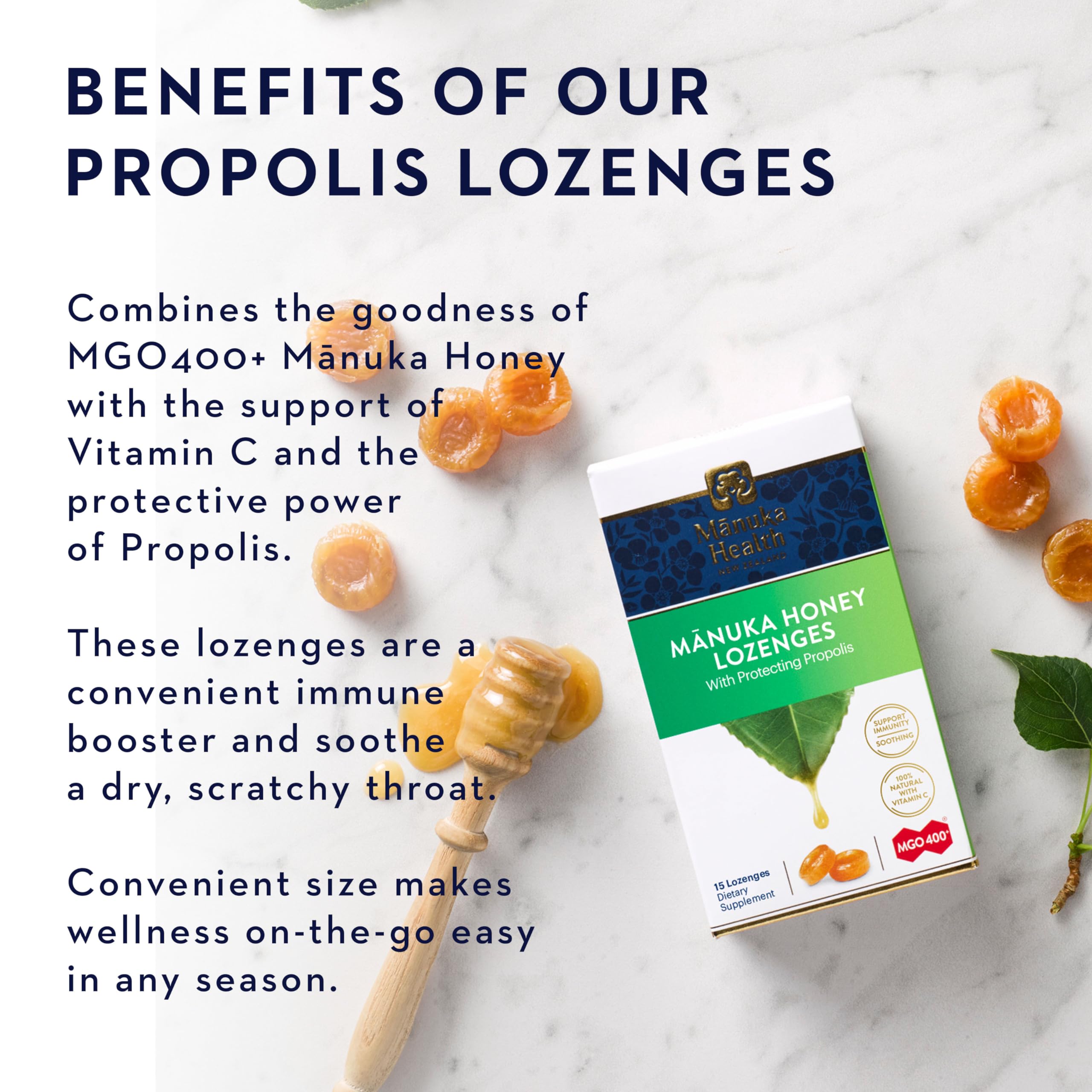 Pastilles Manuka Health vitamine C, soutien potentiel à l’immunité.