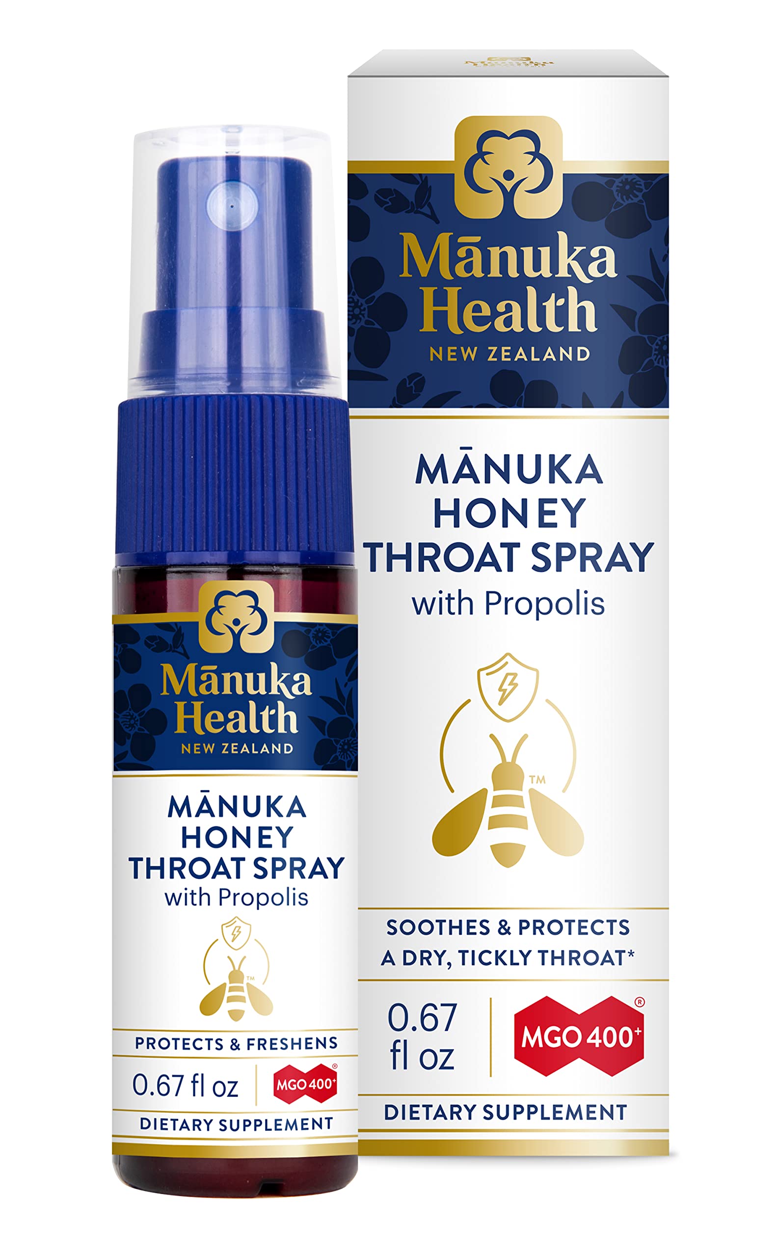 Spray Manuka Health en bouteille 67 ml, rafraîchit et apaise la gorge.