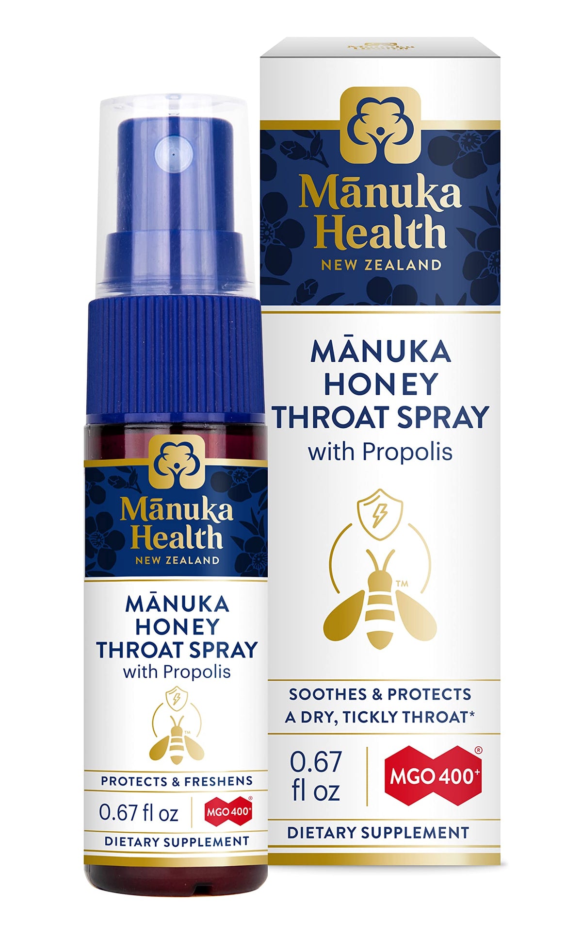 Spray Manuka Health en bouteille 67 ml, rafraîchit et apaise la gorge.